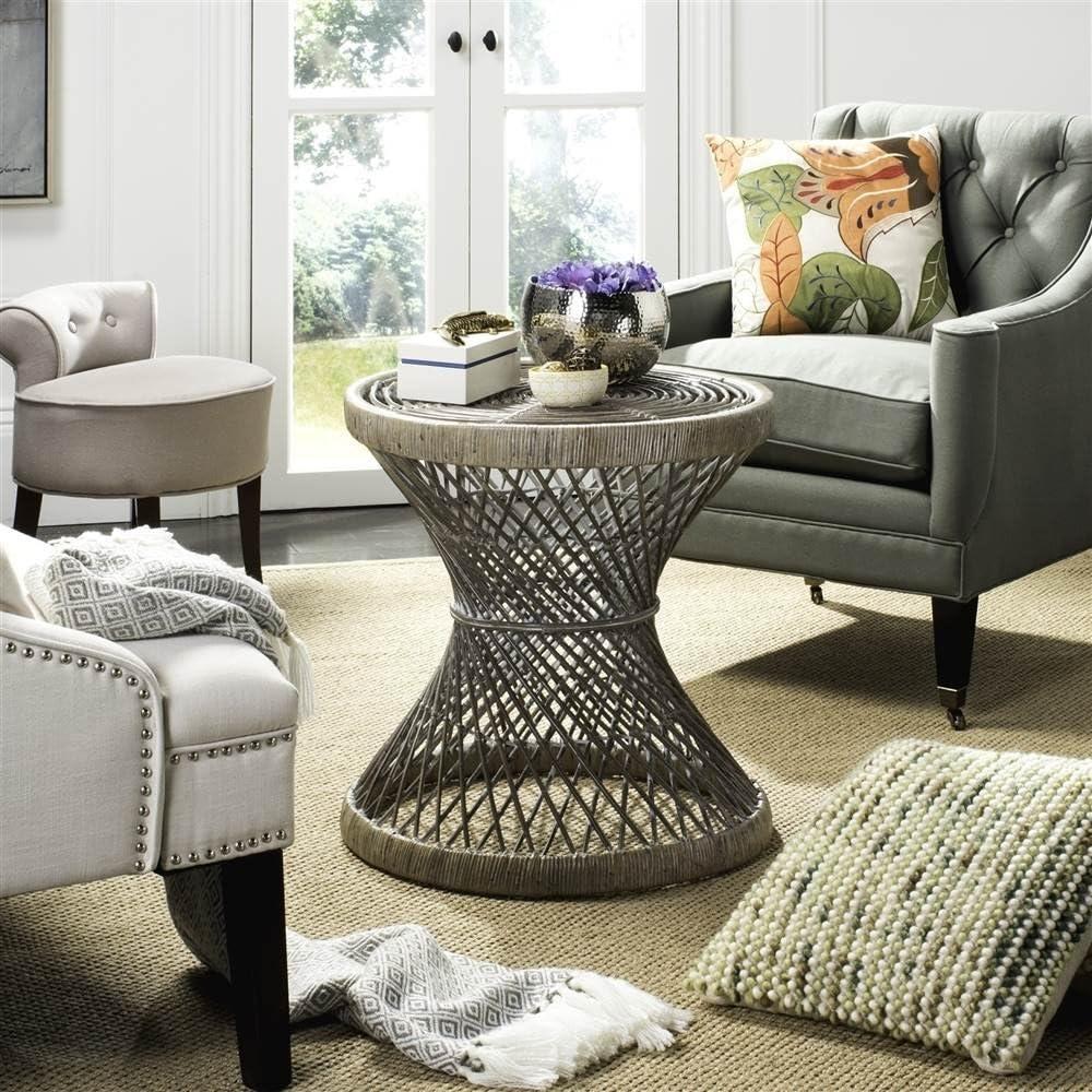 SAFAVIEH Grimson Round Small Bowed Wicker Accent Table, Grey