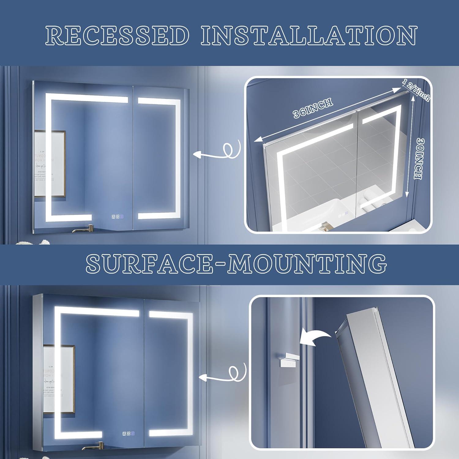 ExBrite Lighted Medicine Cabinet 36x30 Inch,Recessed or Surface led Medicine Cabinet, Three Glass Shelves,Defog,Stepless Dimming,Medicine Cabinet with Lights 3-Color Temper Change, Outlets & USBs