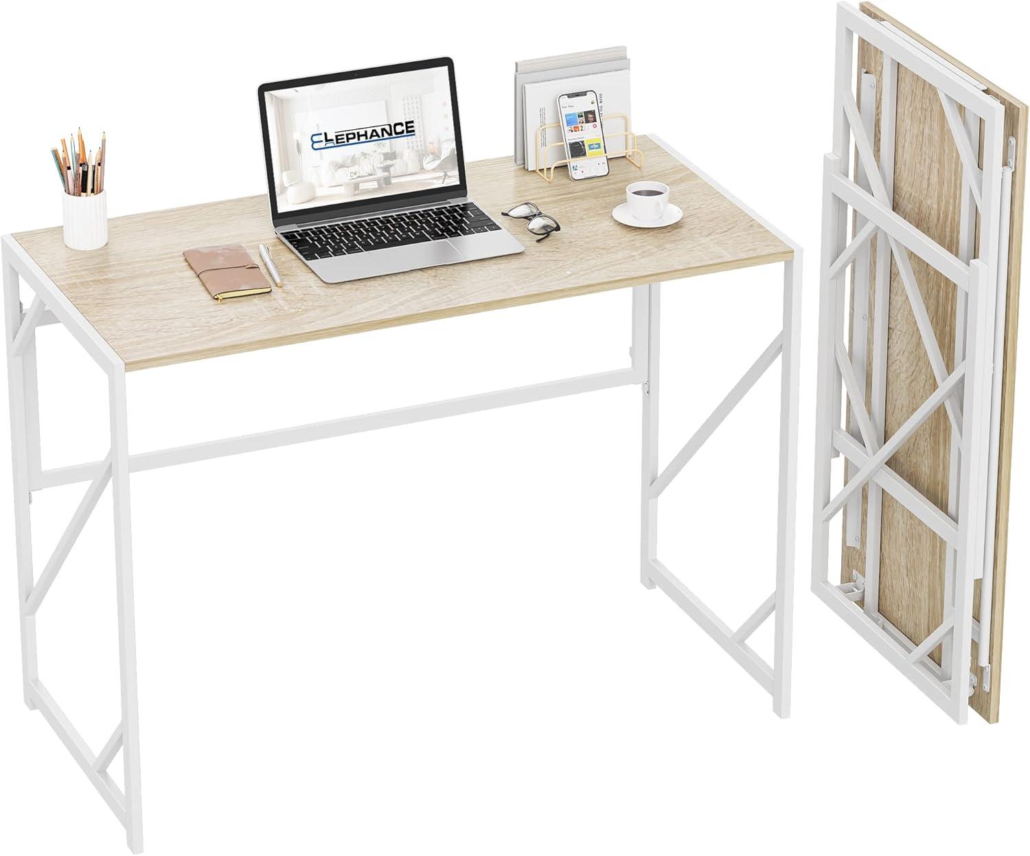 Beige Foldable Rectangular Computer Desk with Steel Frame