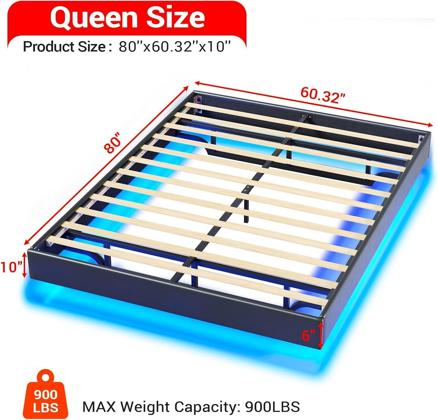 Hasuit Floating Bed Frame Queen Size Floating Queen Bed Frame with LED Lights Modern LED Queen Platform Bed Frame with Solid Wood Slats, No Box Spring Needed, Noise-Free, Without Headboard, Black