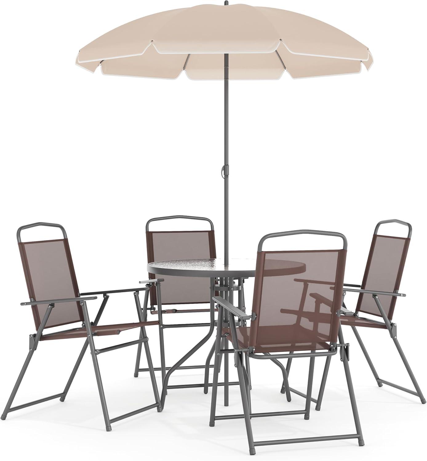 Nantucket Brown 6-Piece Patio Set with Glass Table and Umbrella