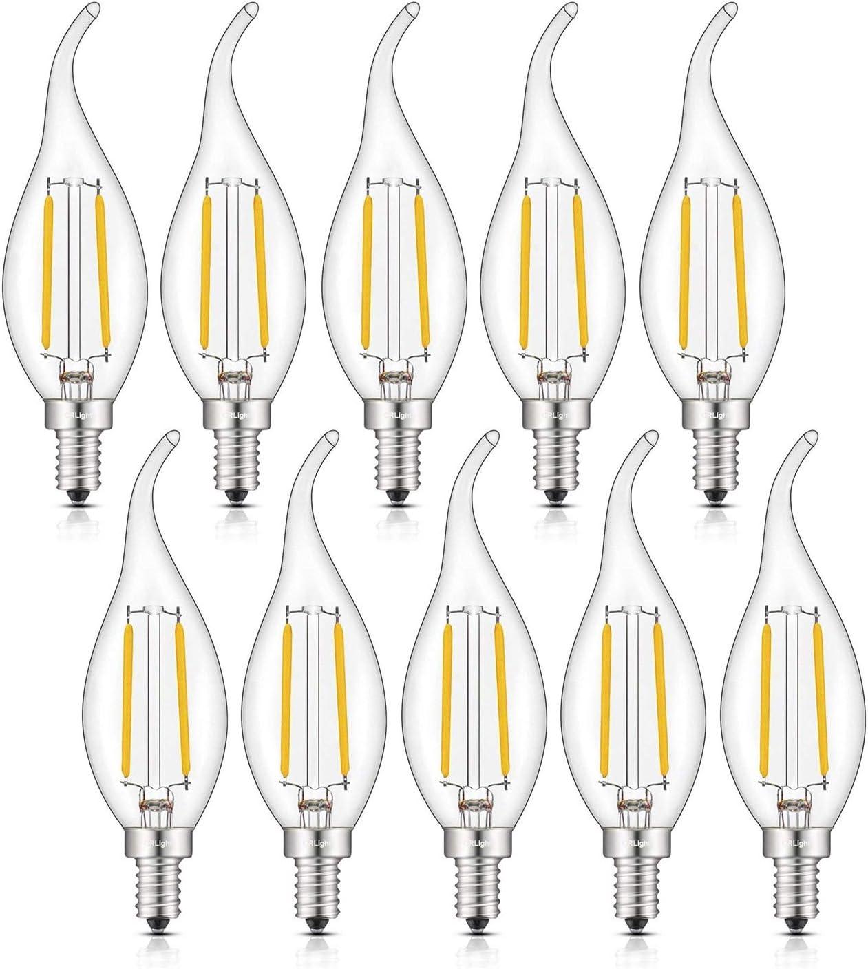 CRLight ETL Listed 2W Dimmable LED Candelabra Bulb 2700K Warm White, 250LM 25W Incandescent Equivalent, E12 Chandelier Candle Bulbs, C35 Clear Flame Shape Bent Tip, 360 Degrees Beam Angle, 10 Pack