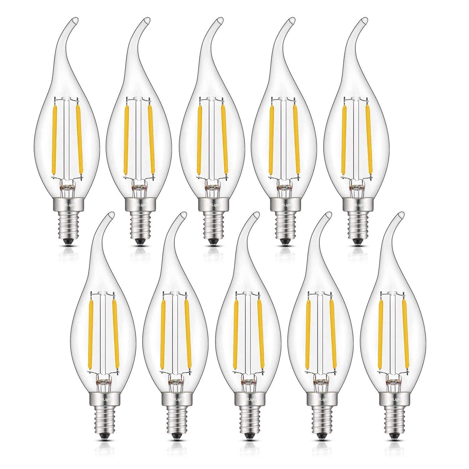 CRLight ETL Listed 2W Dimmable LED Candelabra Bulb 2700K Warm White, 250LM 25W Incandescent Equivalent, E12 Chandelier Candle Bulbs, C35 Clear Flame Shape Bent Tip, 360 Degrees Beam Angle, 10 Pack