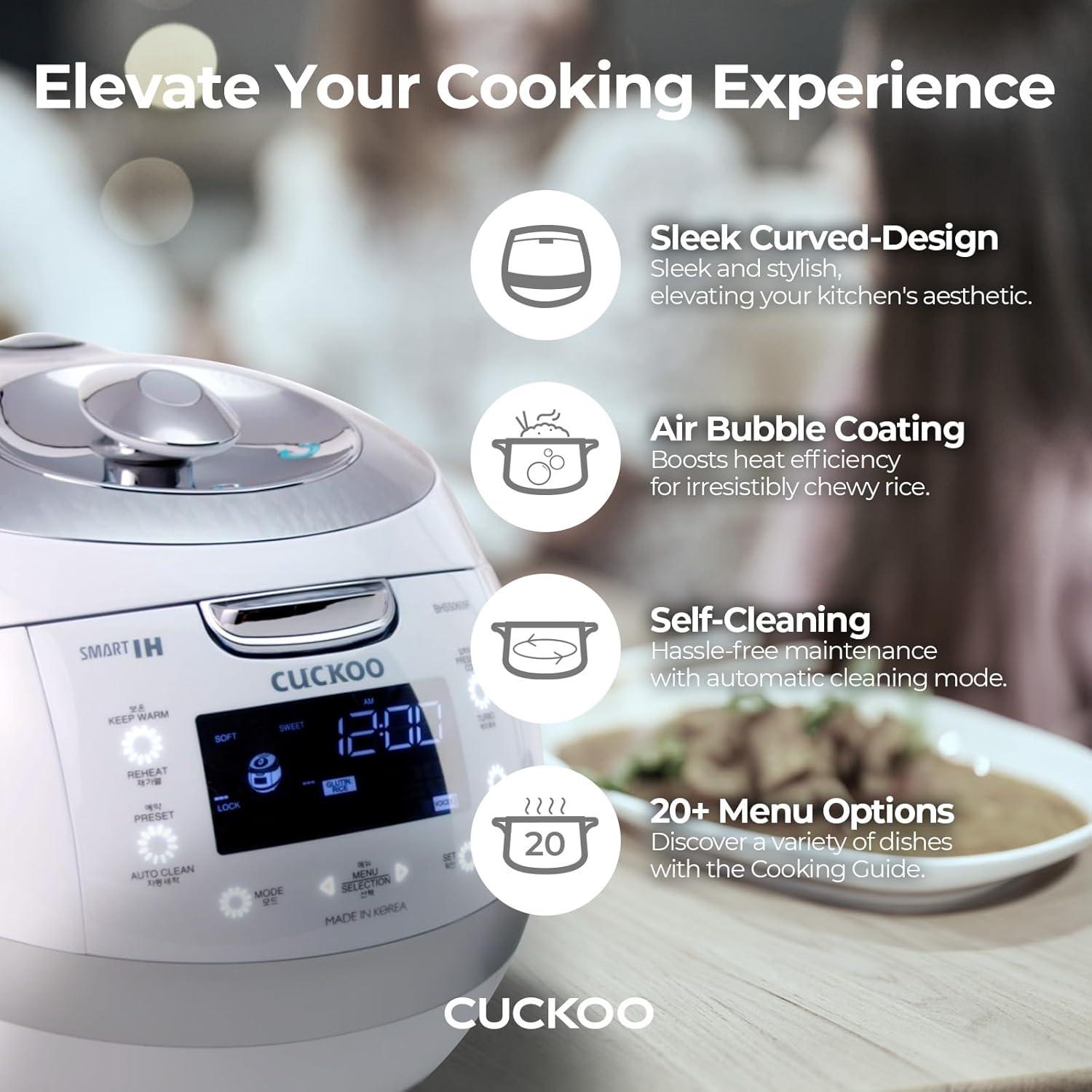 Cuckoo Electronics CUCKOO 6-Cup Induction Heating Pressure Rice Cooker with Nonstick Inner Pot, 16 Menu Modes, Fuzzy Logic Tech, 3 Voice Guide, Auto Clean (White) CRP-BHSS0609F