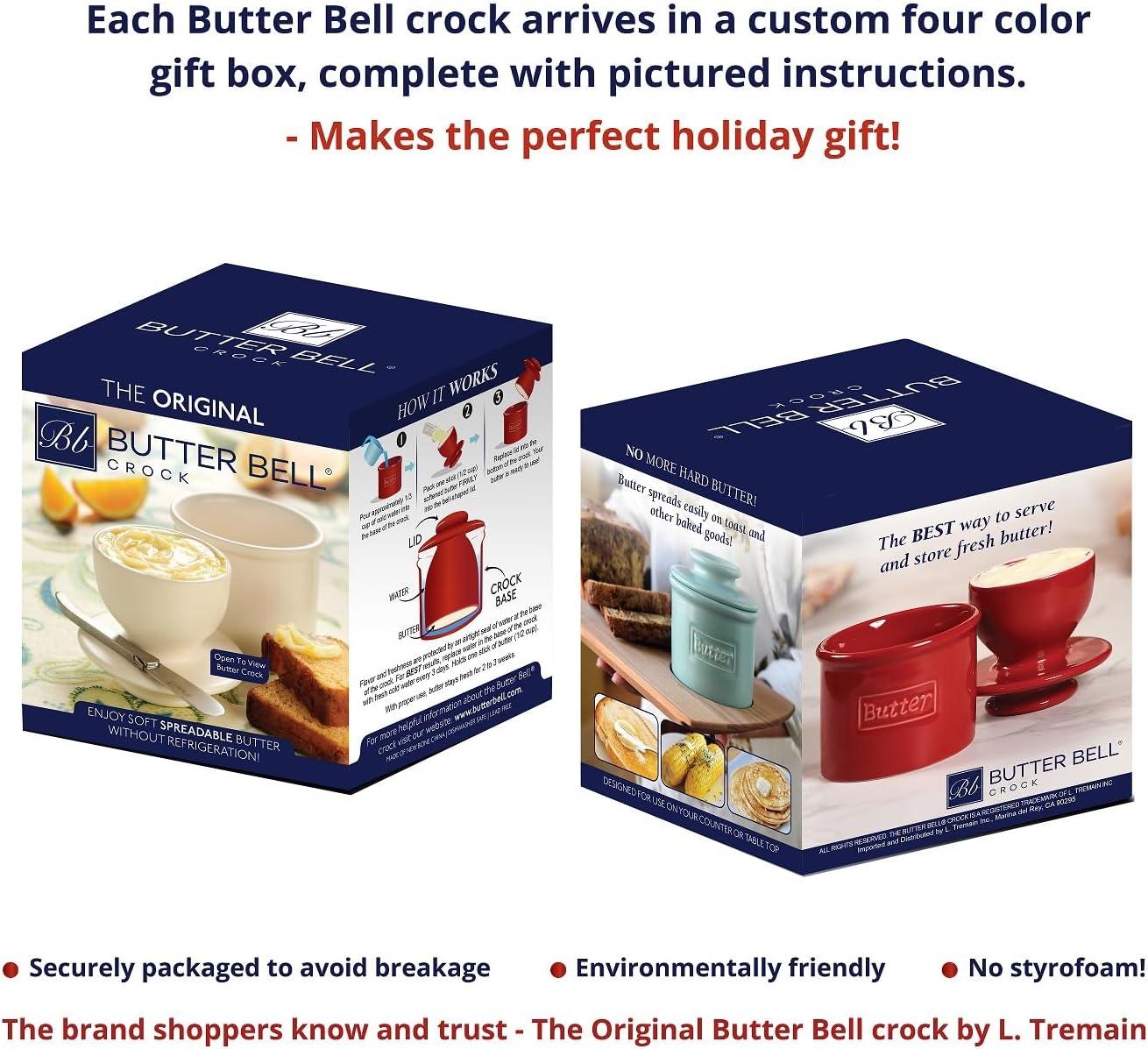 The Original Butter Bell® Crock By L. Tremain - French Butter Crock For Spreadable Soft Butter, Ceramic Butter Keeper for Counter, White with Gold Trim Butter Holder, 1 Piece, 3.94 x 3.94 x 4.14