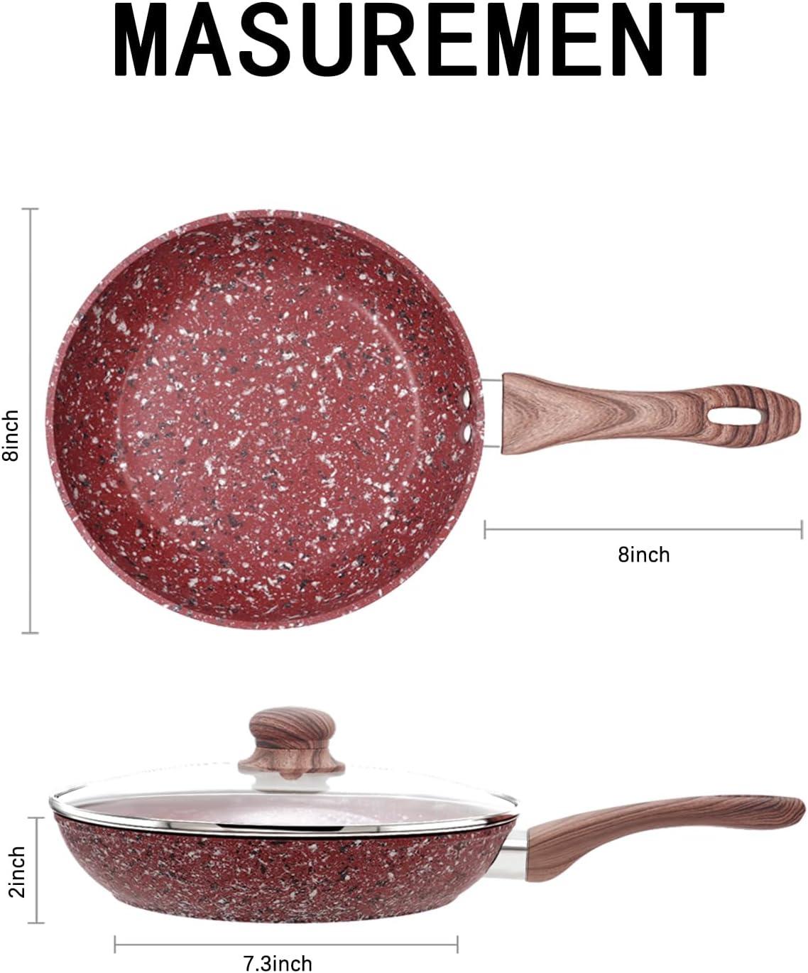 8" Red Aluminum Non-Stick Frying Pan with Ceramic Coating and Lid