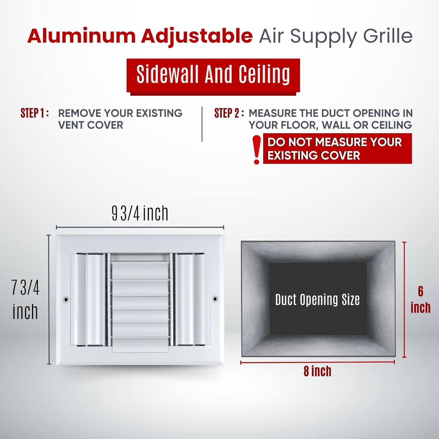 Fits 8x4 Duct Opening Aluminum 3-WAY Adjustable Air Supply Grille by Handua | Curved Blade Register Vent Cover for Sidewall & Ceiling | White | Outer Size: 9.75" X 5.75"