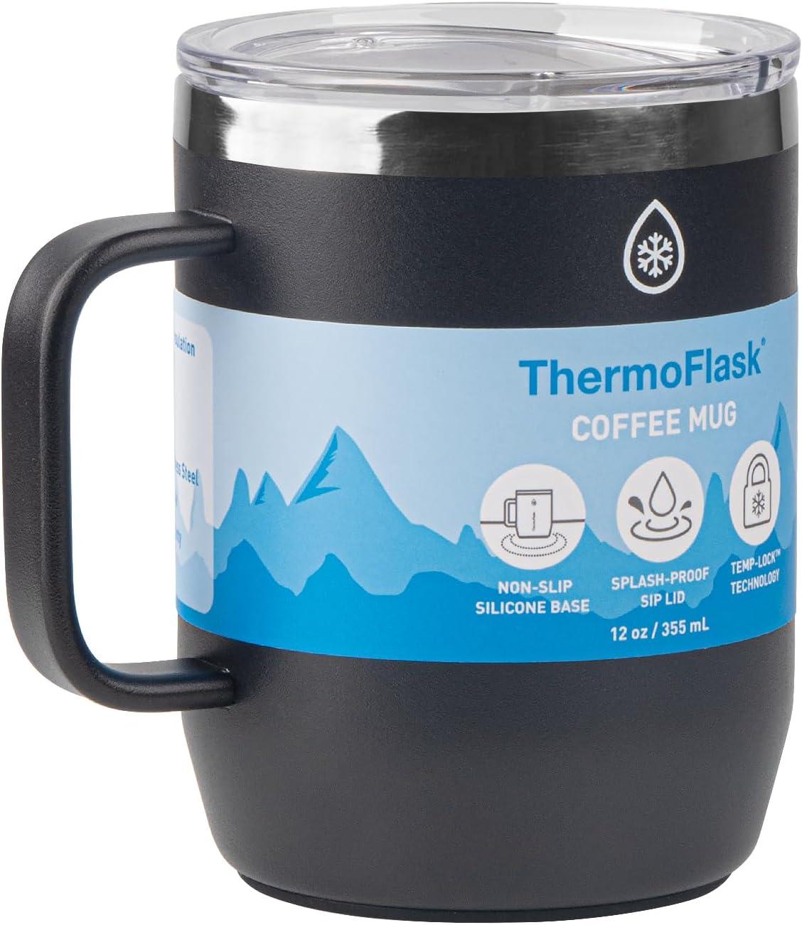 ThermoFlask Drinkware Collection - 12 oz Insulated Coffee Mug with Leakproof Push N Sip Lid, Jet Black