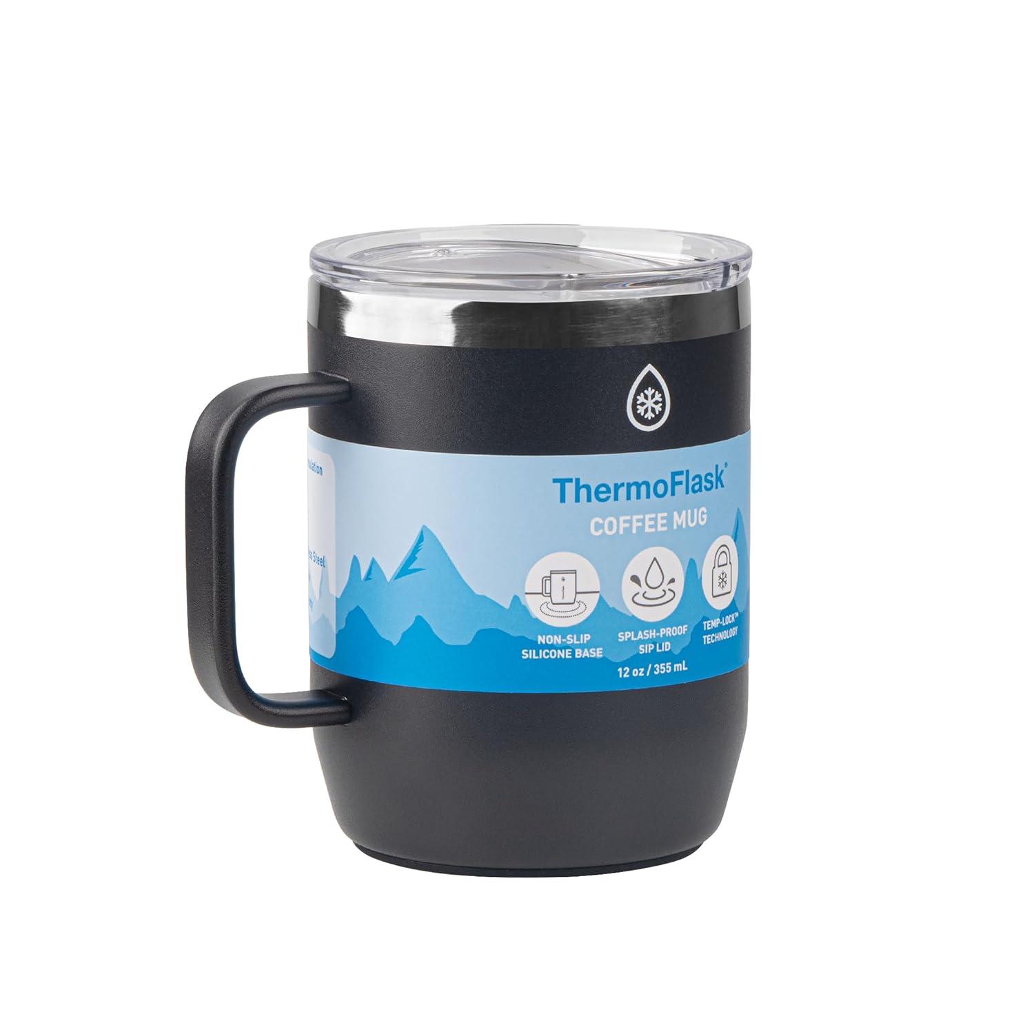 ThermoFlask Drinkware Collection - 12 oz Insulated Coffee Mug with Leakproof Push N Sip Lid, Jet Black