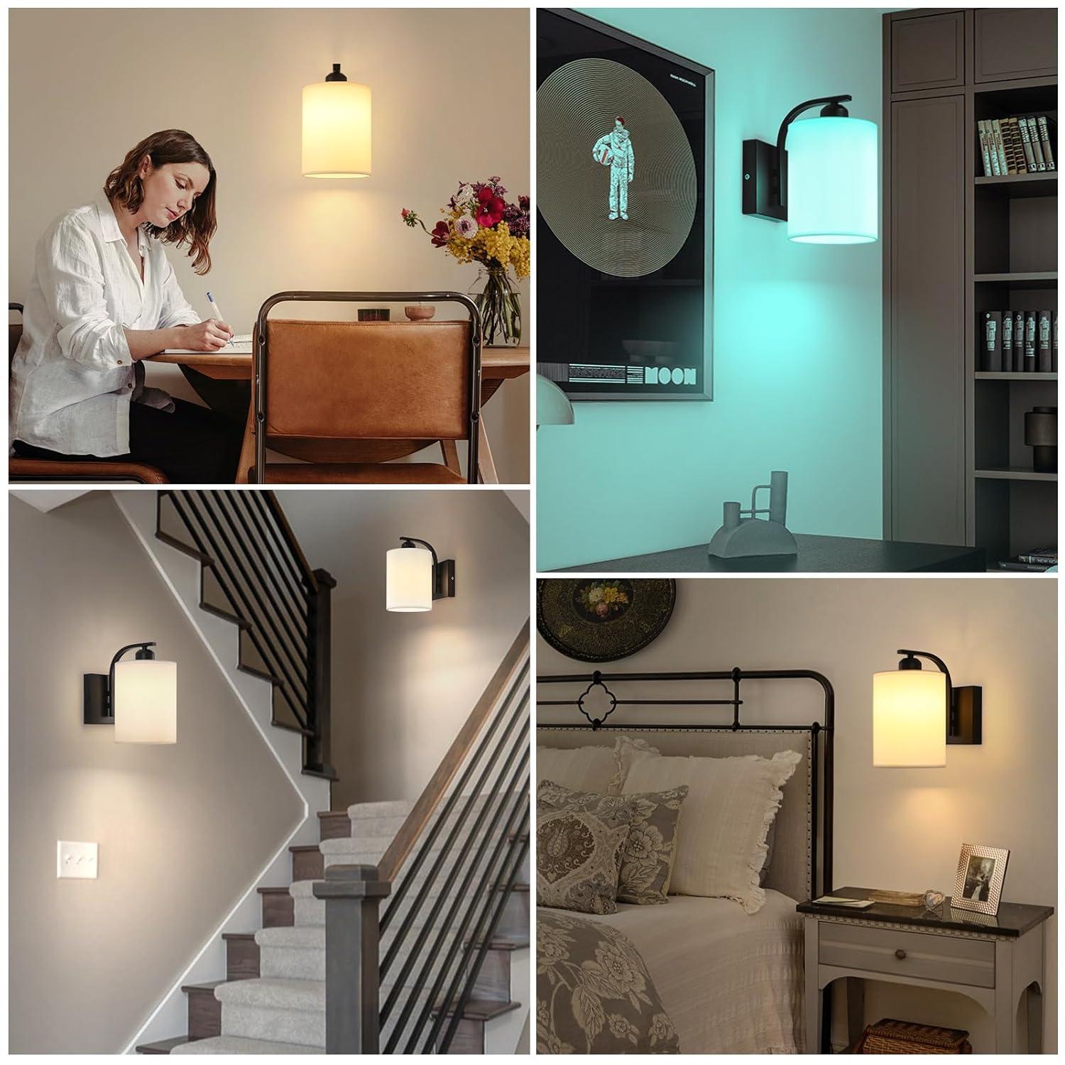 Latitude Run® Battery Operated Wall Sconce Set Of 2, Wireless Rechargeable Wall Lights, Glass Wall Lamps With Remotes And Dimmable RGB LED Bulbs, No Wiring Indoor Sconces Wall Decor For Bedroom Living Room Hallway