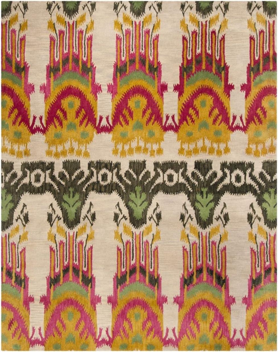 Beige and Yellow Ikat Wool Hand-Tufted Area Rug 9' x 12'