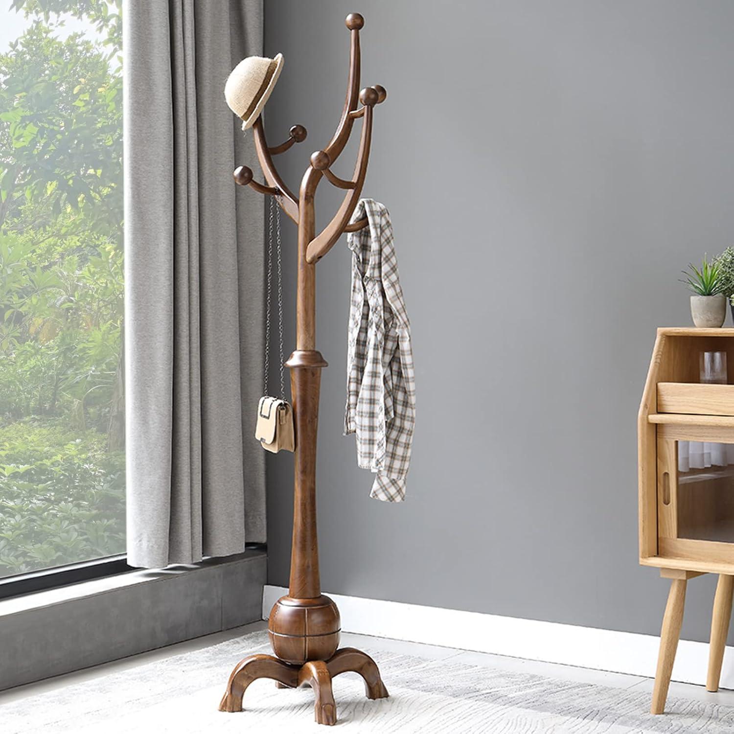 Lucky Monet Tree-branch Freestanding Rubberwood Coat Rack with 8 Hooks