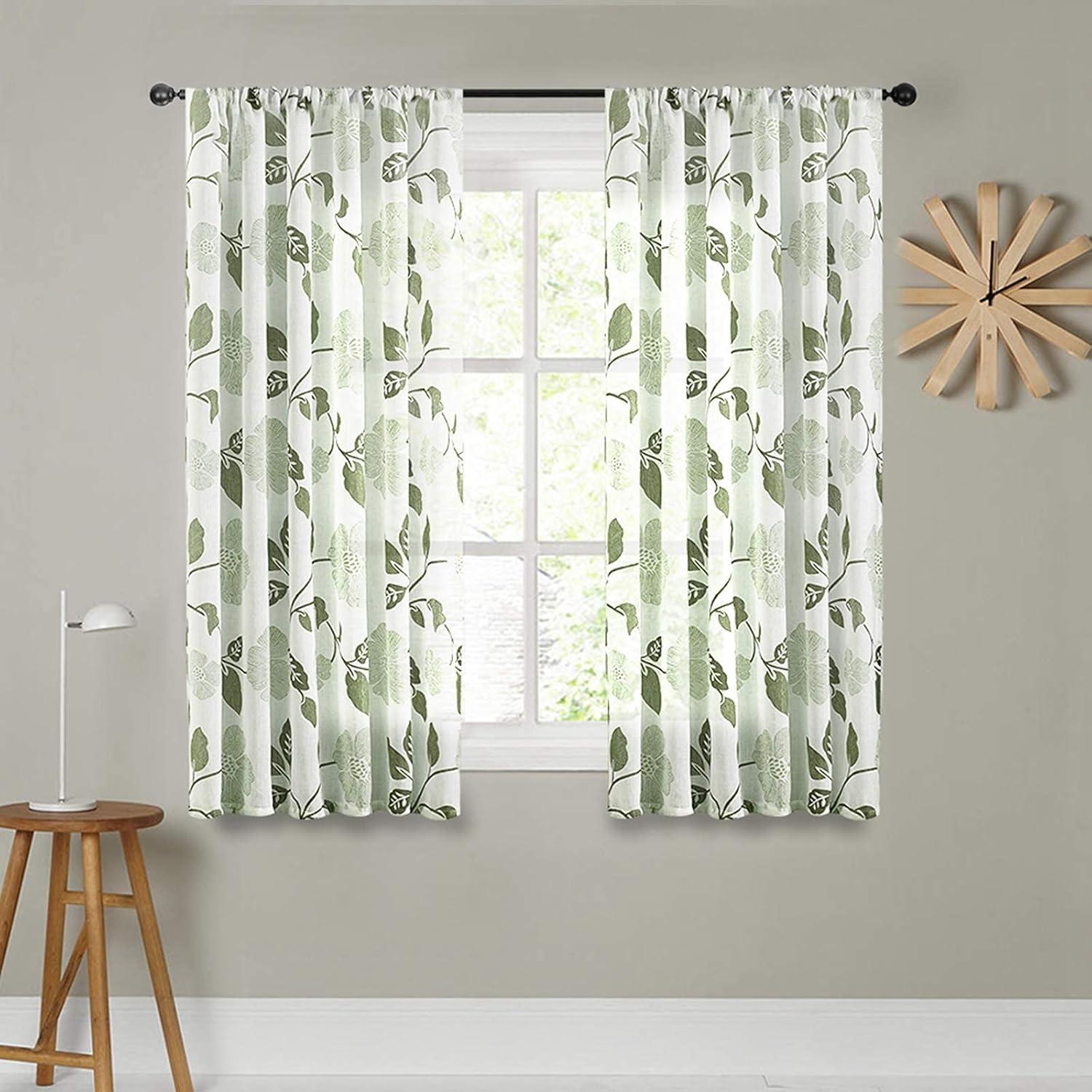 Olive Floral Sheer Polyester Linen Rod Pocket Curtains