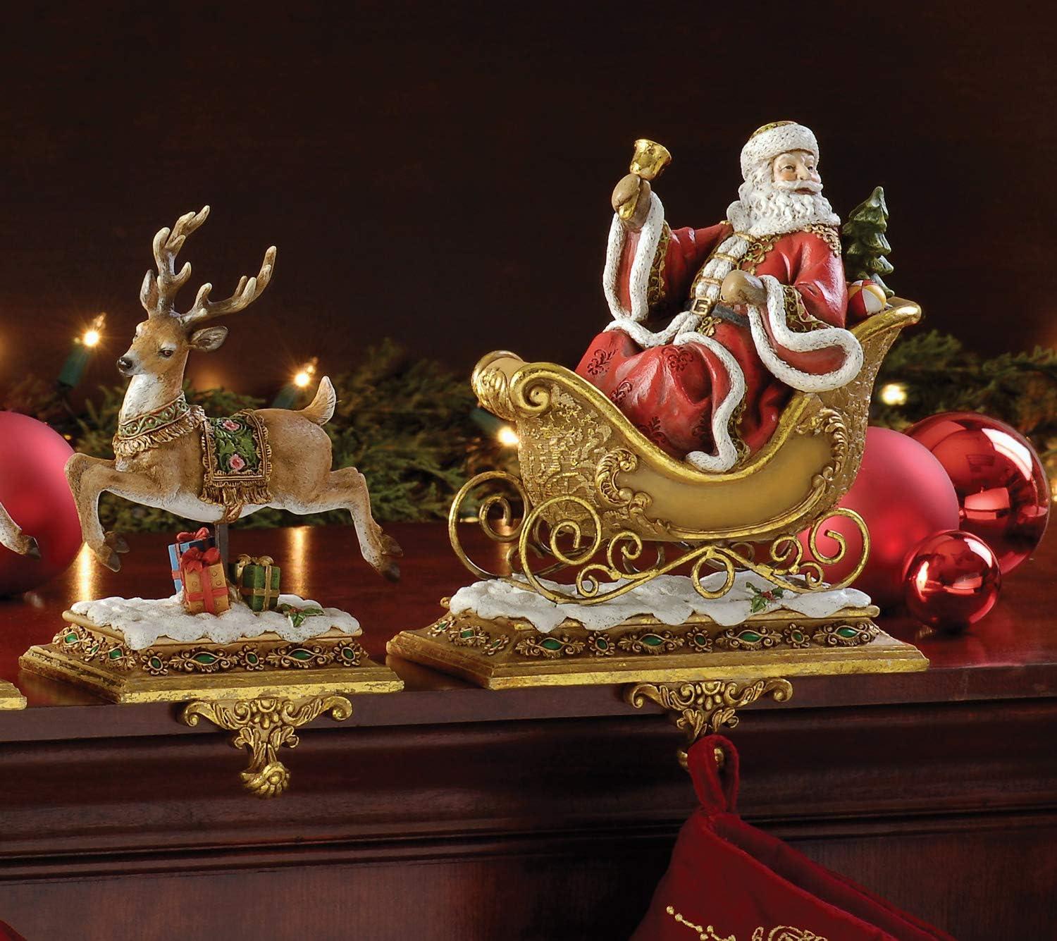 Victorian Santa and Reindeer Resin Stocking Holders, 9.25"