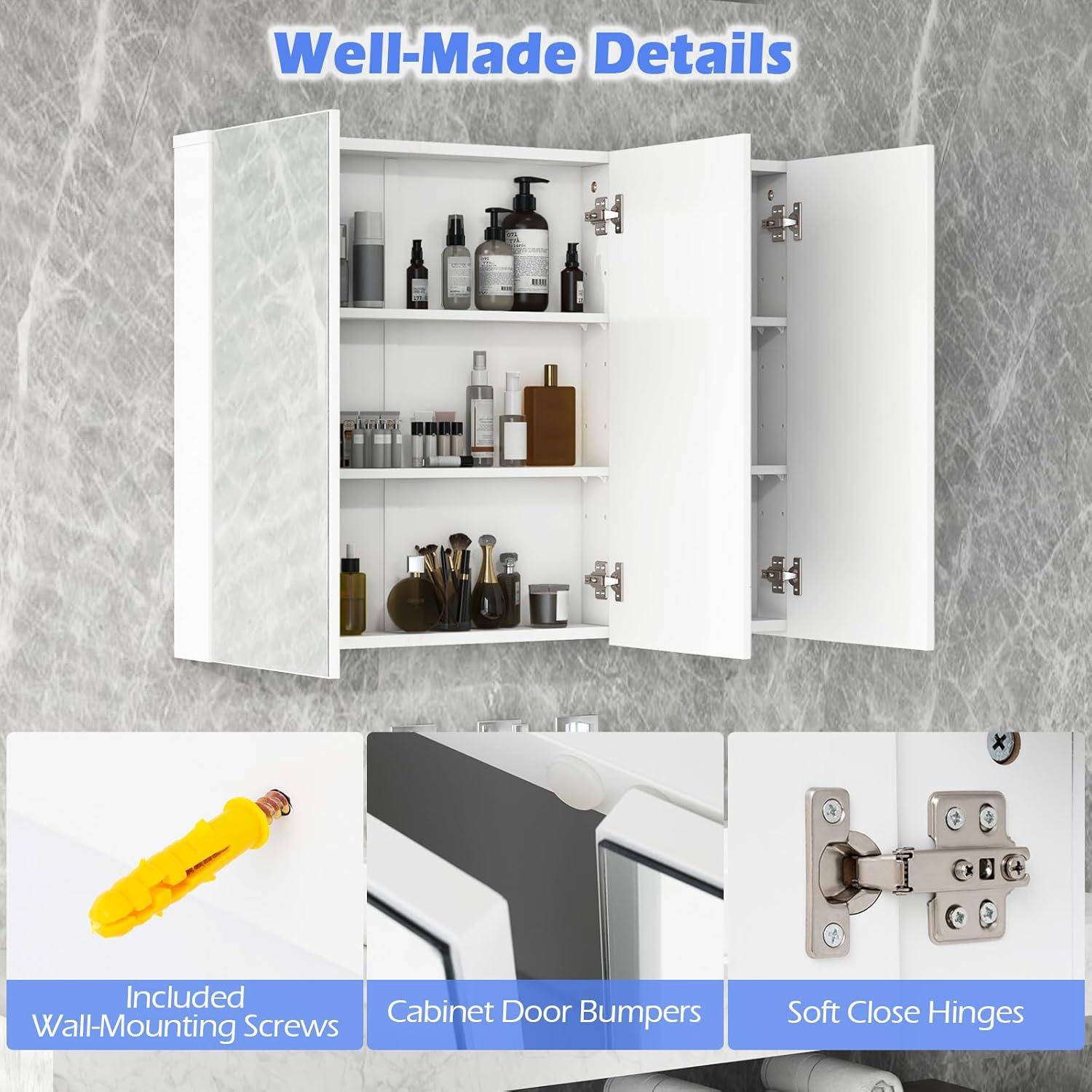 Tangkula Mirrored Medicine Cabinet, Large Wide Wall Mounted Storage Cabinet with 3 Mirror Doors & Adjustable Shelf, Hanging Bathroom Organizer, White, 36 x 4.5 x 25.5 Inches