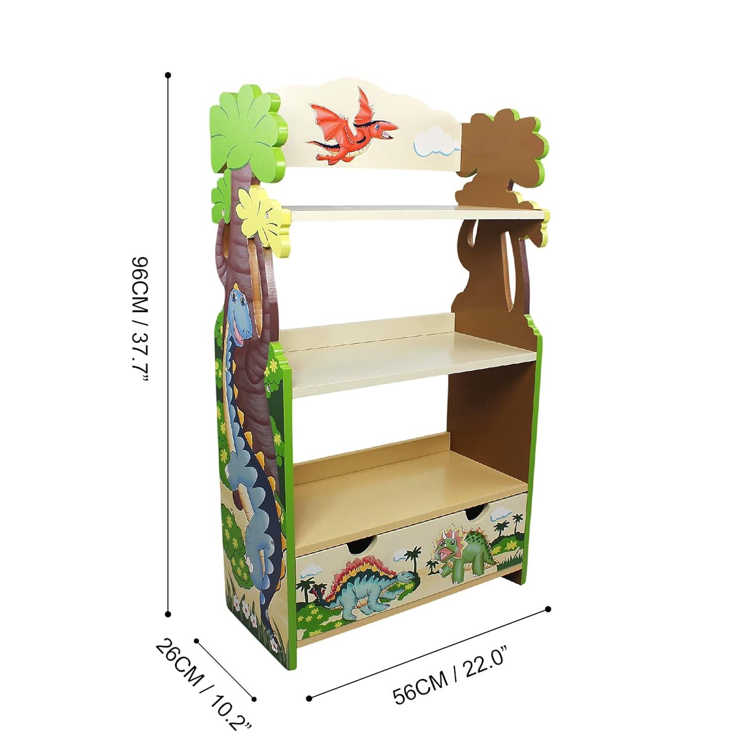 Teamson Kids Dinosaur Kingdom Kids Wooden 3-Tier Bookshelf with Drawer