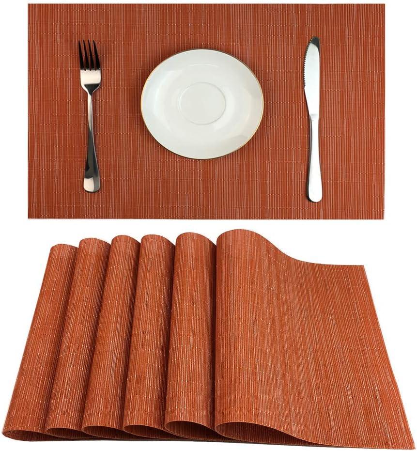 Placemats, Heat-Resistant Placemats Stain Resistant Anti-Skid Washable PVC Table Mats Woven Vinyl Placemats, Set of 6 (Orange)