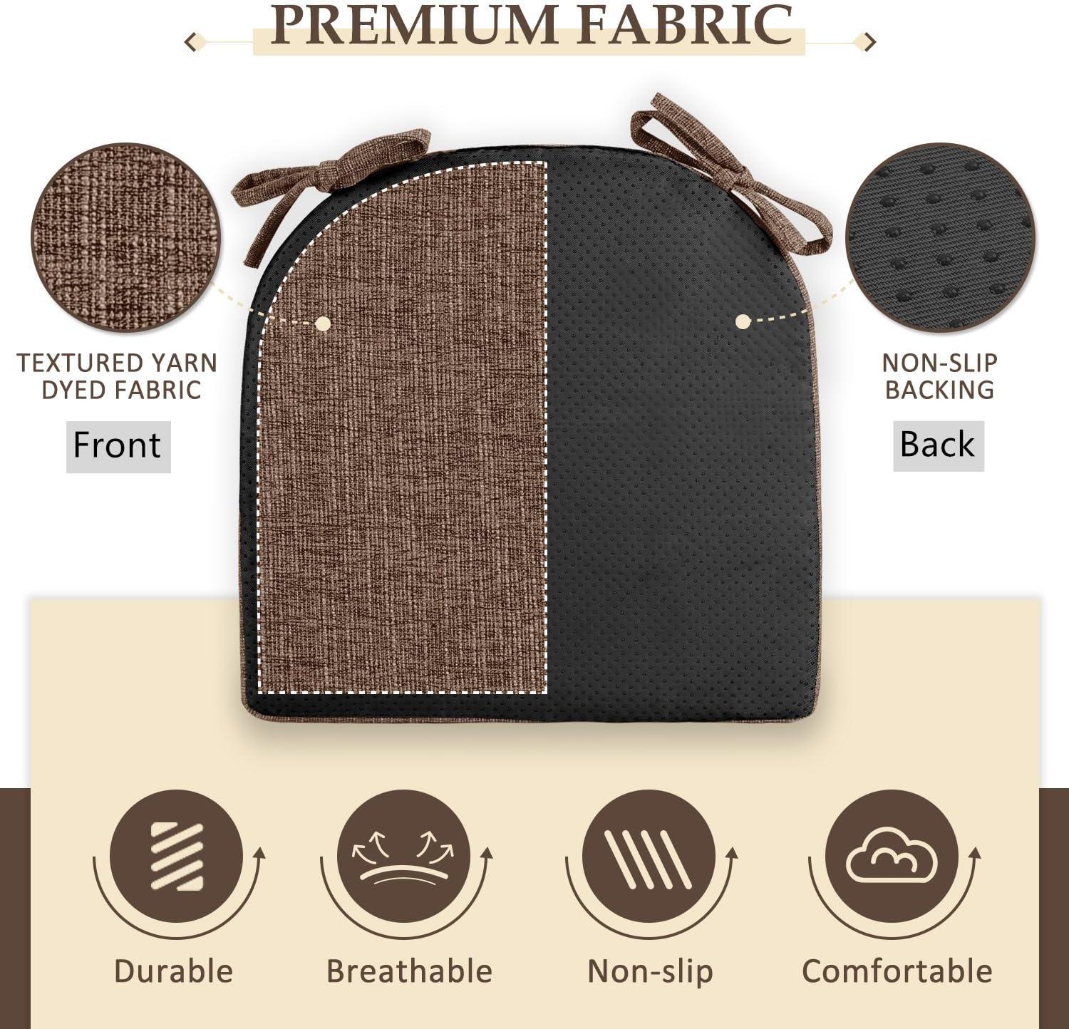 Chair Cushions for Dining Chairs 4 Pack - Kitchen Chair Cushions with Ties and Non-Slip Backing - Dining Chair Pads 16"X16"X2", Brown