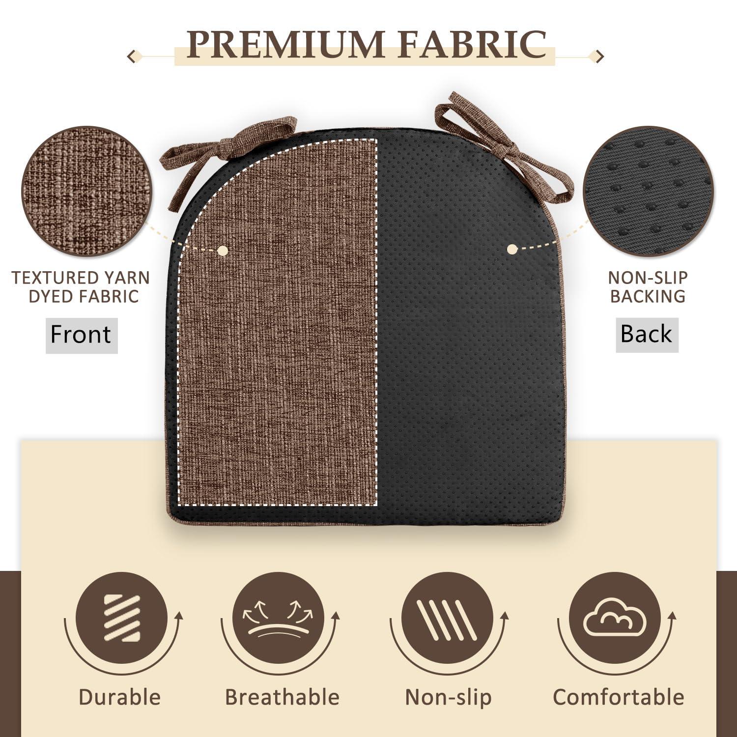 Chair Cushions for Dining Chairs 4 Pack - Kitchen Chair Cushions with Ties and Non-Slip Backing - Dining Chair Pads 16"X16"X2", Brown