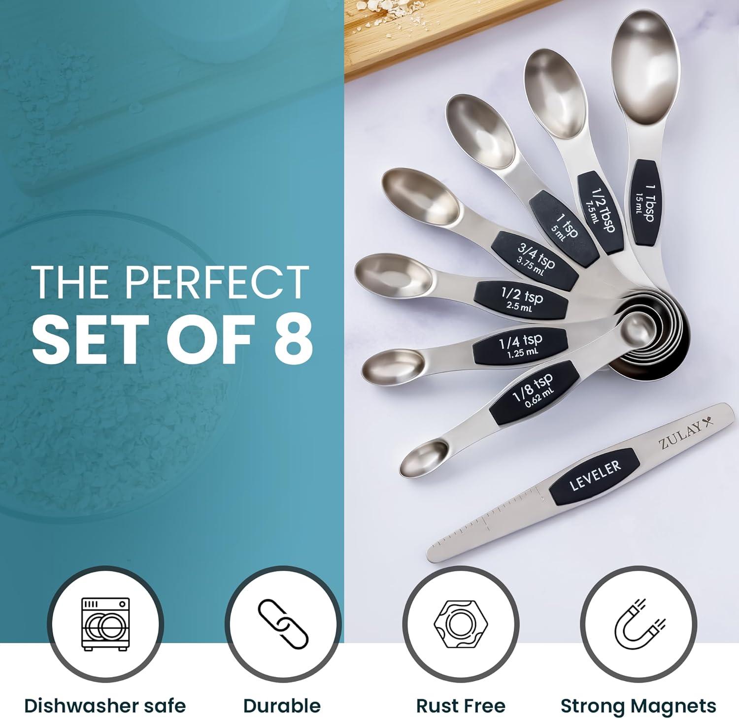 Zulay Kitchen Zulay Stainless Steel Measuring Spoon Set - Stackable Magnetic Spoon Measuring Set - Magnetic Measuring Spoon Set Of 8 With Leveler - Made With Strong N45 Magnets & 304 Stainless Steel - Sunset