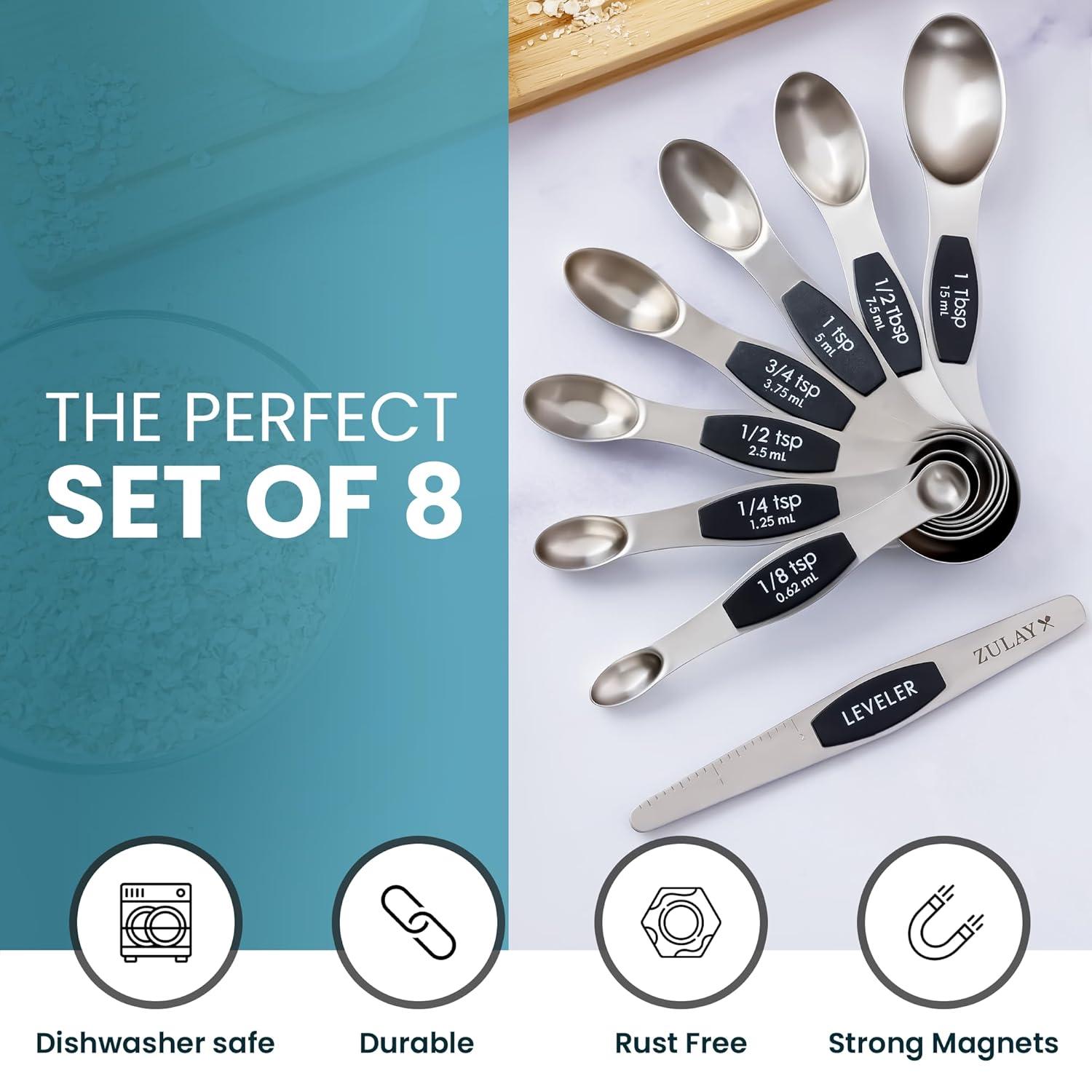 Zulay Kitchen Zulay Stainless Steel Measuring Spoon Set - Stackable Magnetic Spoon Measuring Set - Magnetic Measuring Spoon Set Of 8 With Leveler - Made With Strong N45 Magnets & 304 Stainless Steel - Sunset