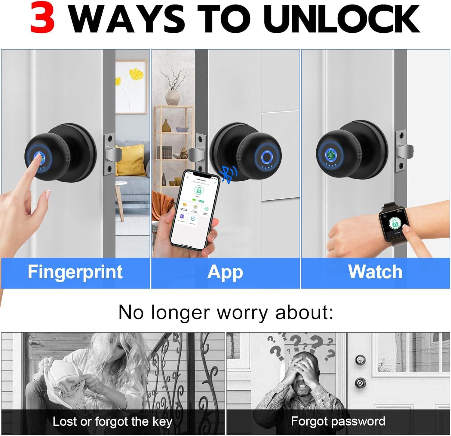 Ghome Fingerprint Smart Door Knob Lock App Control Biometric with Type-C Charge