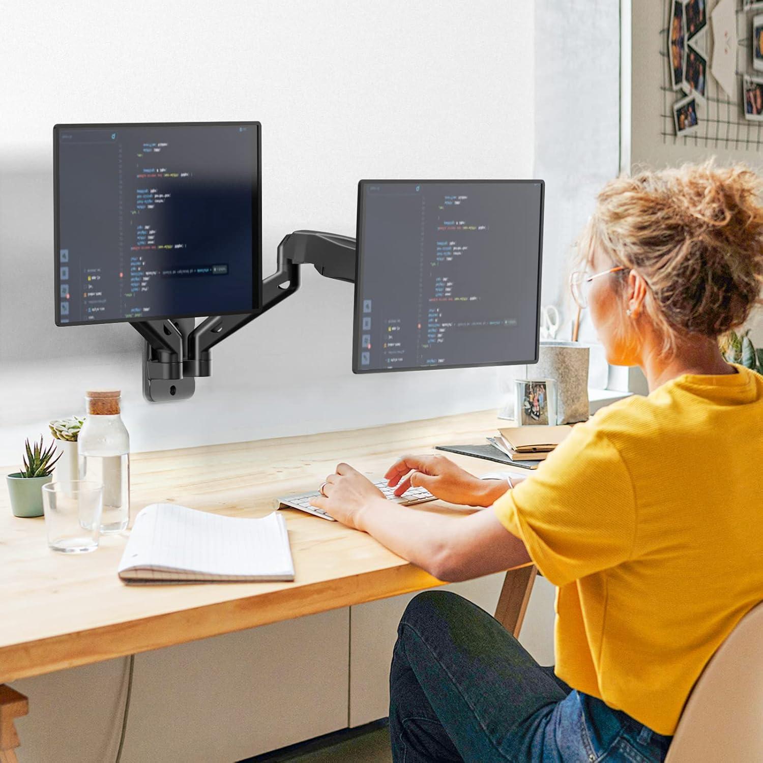 Black Dual Monitor Wall Mount with Gas Spring Arm for 27-32 Inch Screens