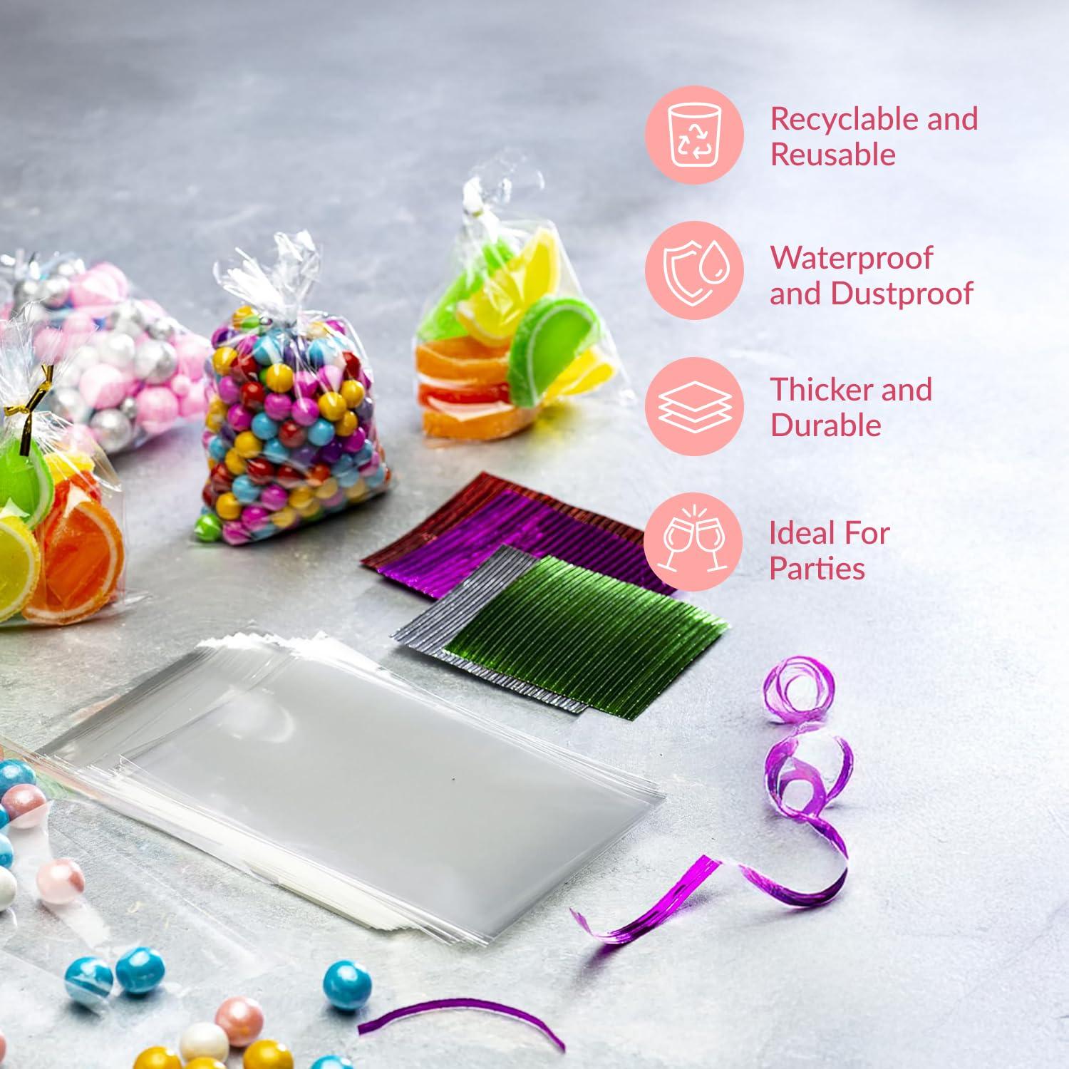 Prestee 200pk Self-Sealing Clear Plastic Cellophane Bags, 6x10 Goody Bags, Candy Bags, Cookie Bags for Gift Giving, Clear Bags Self-Sealing