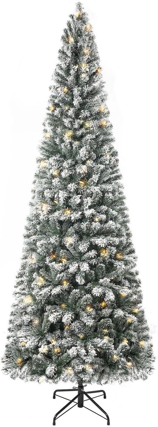 Salzburg 7.5ft Frosted Prelit Slim Artificial Christmas Tree with 1102 Branch Tips, 350 Warm Lights and Metal Stand, 34" wide Realistic Snow Flocked Skinny Pencil Christmas Tree by Naomi Home