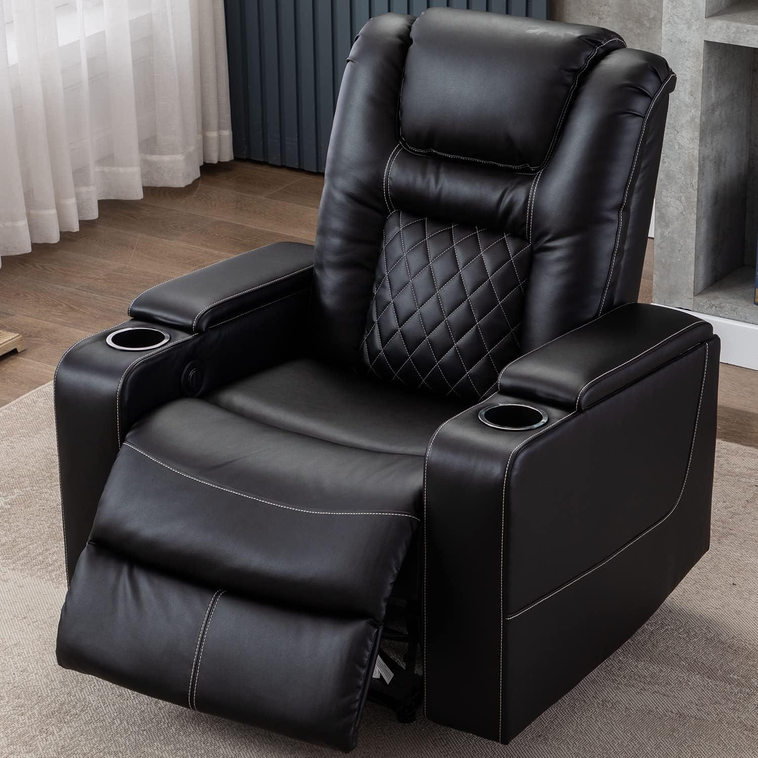 Bonzy Home Power Electric Recliner Chair with USB Ports and Cup Holders Leather Home Theater Seating, Living Room Chair Black