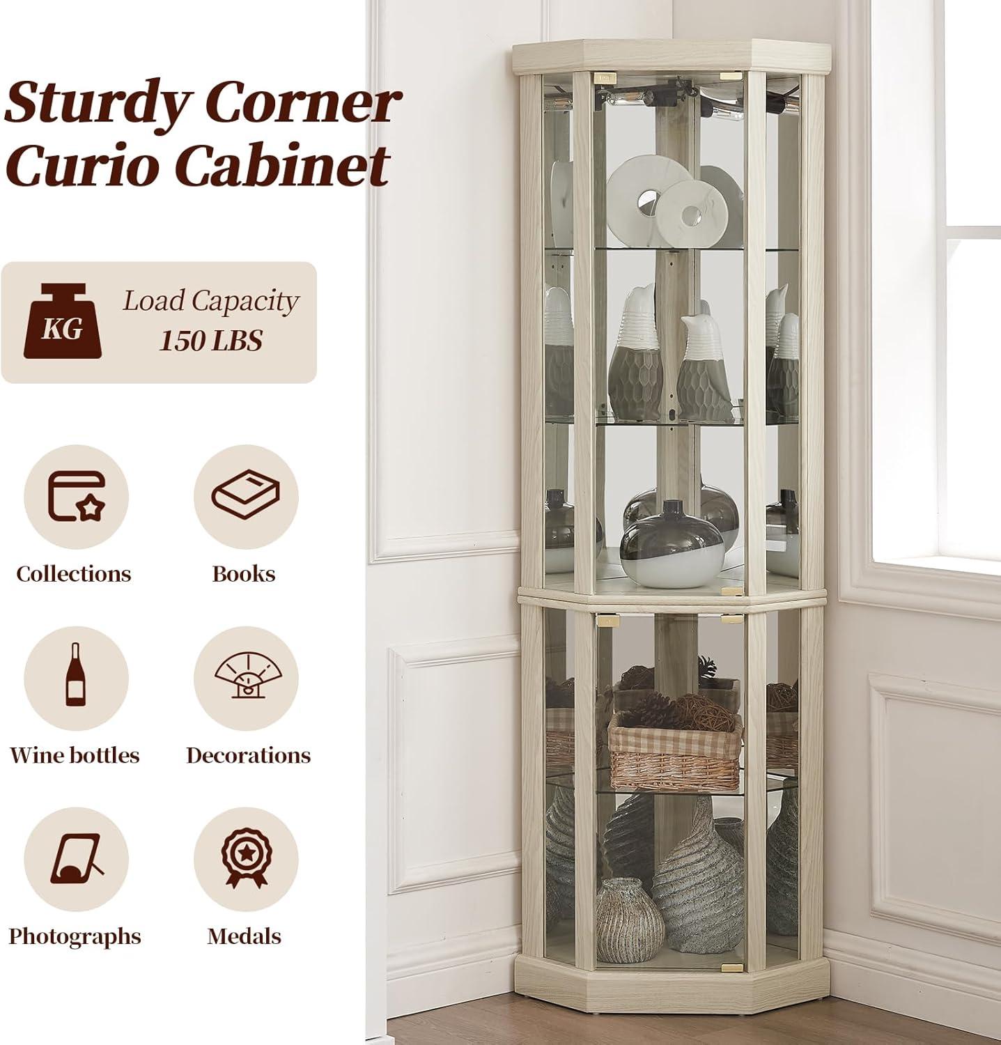 Lighted Corner Curio Cabinet,Corner Display Cabinet with Tempered Glass Doors Mirrored Back Panel Adjustable Shelves,16.46" L X 16.46" W X 69.84" H(Antique White)