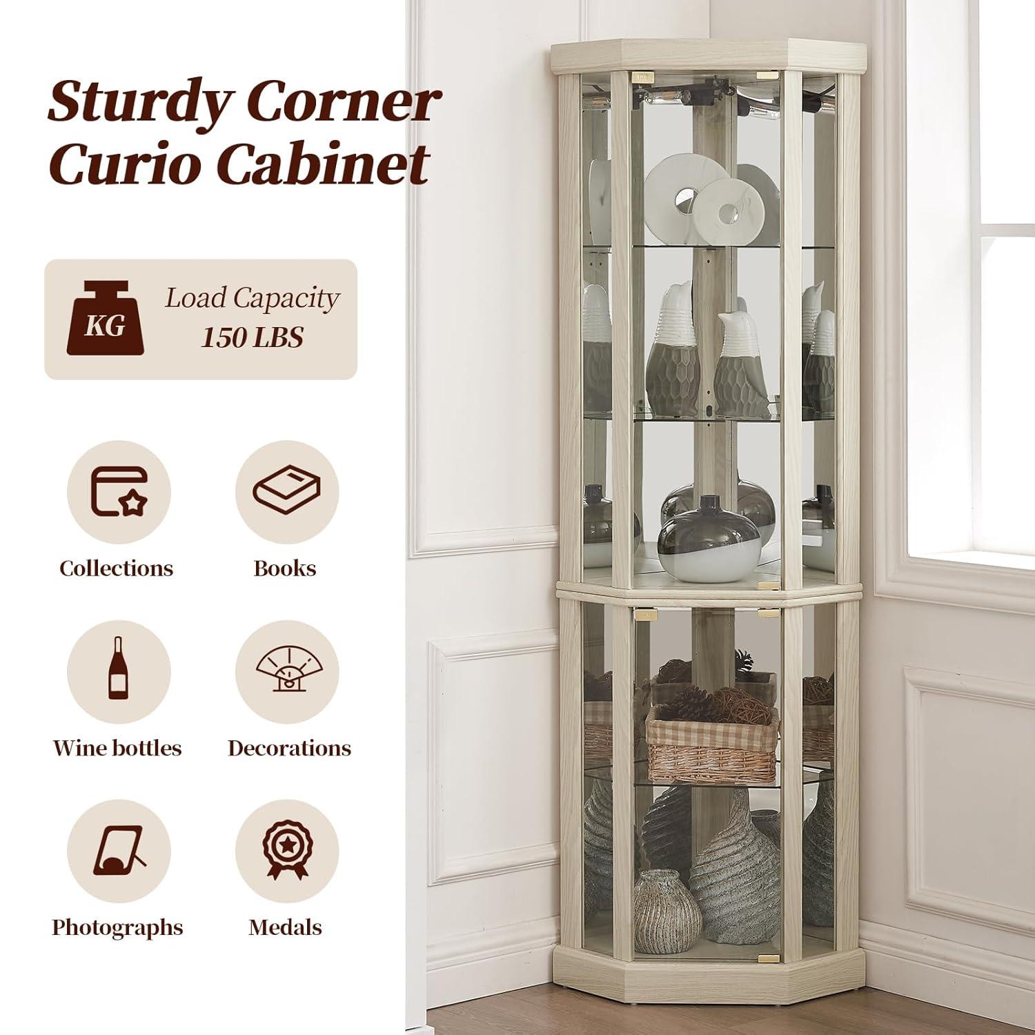 Lighted Corner Curio Cabinet,Corner Display Cabinet with Tempered Glass Doors Mirrored Back Panel Adjustable Shelves,16.46" L X 16.46" W X 69.84" H(Antique White)