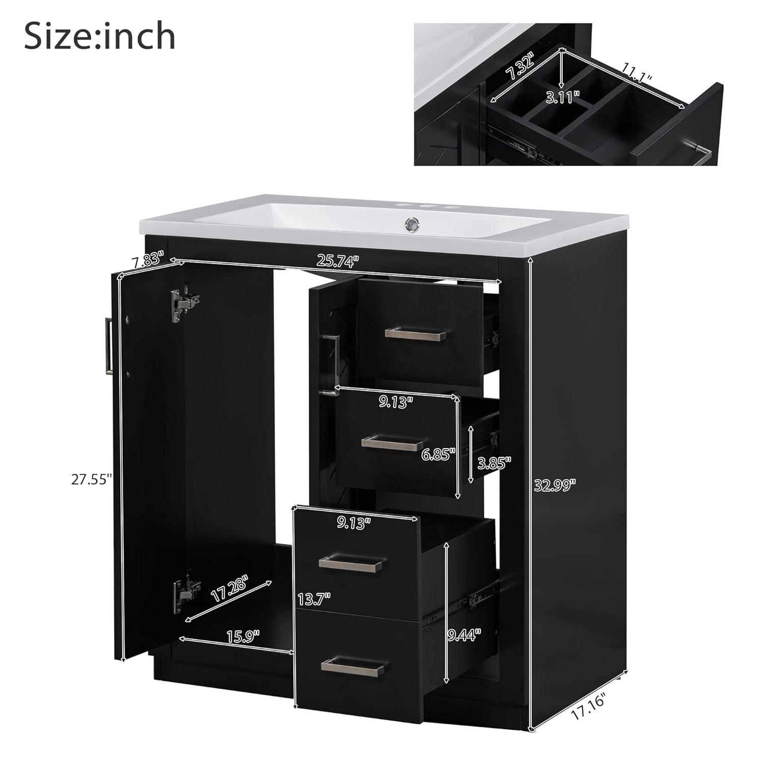 30" Bathroom Vanity with Single Sink, Modern Bathroom Vanity with 3 Drawers & 2 Doors, Solid Wood Bathroom Storage Cabinet with Undermount Sink, Black