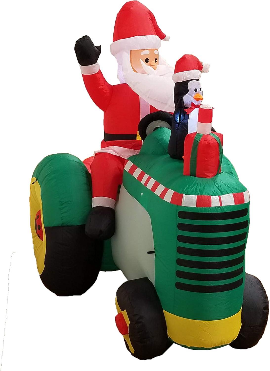 5.3 Foot Inflatable Santa Claus on Tractor with Penguin and LED Lights