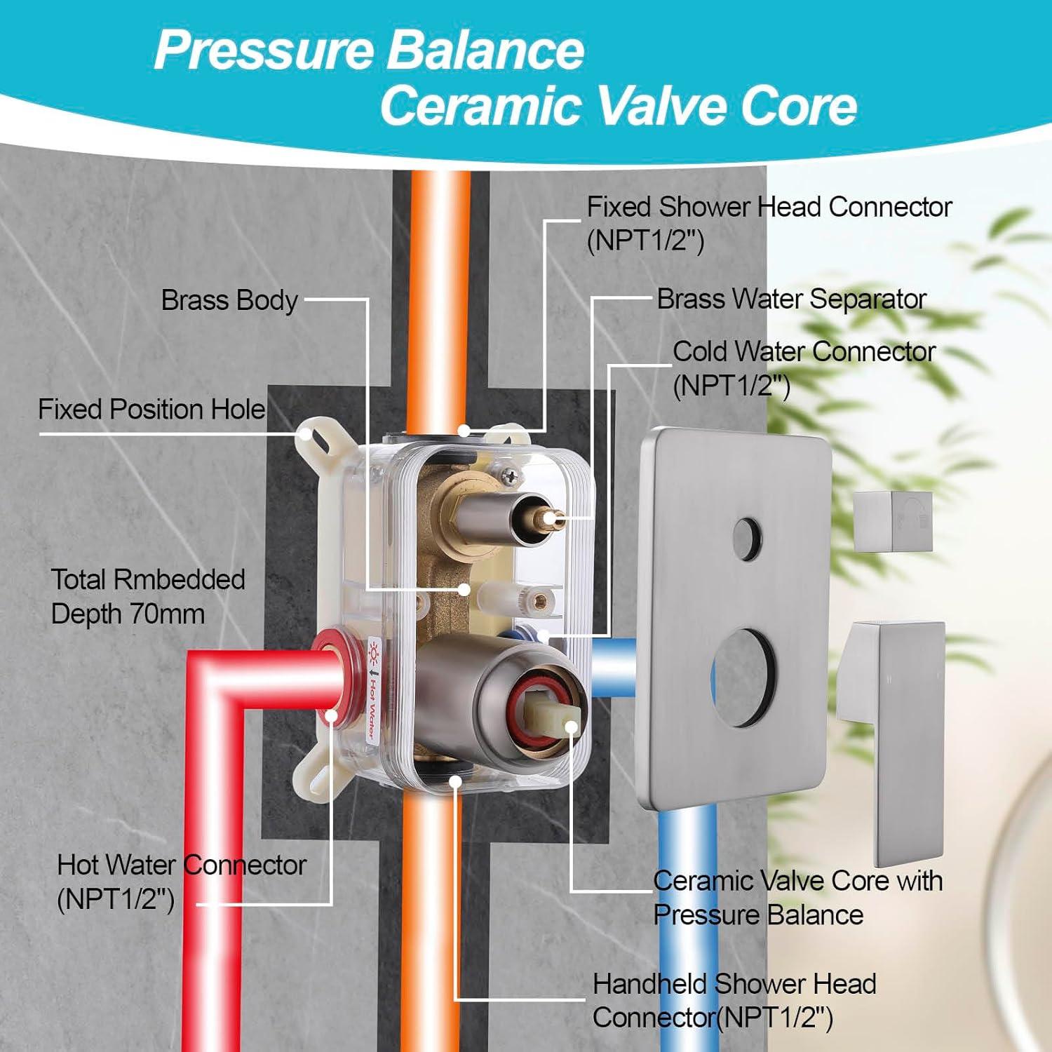 AWZTOO Wall Mounted Shower Faucet With Hand Shower Modern Shower System Set 10 Inch Rainfall Shower Head With Pressure Balance Valve Brushed Nickel