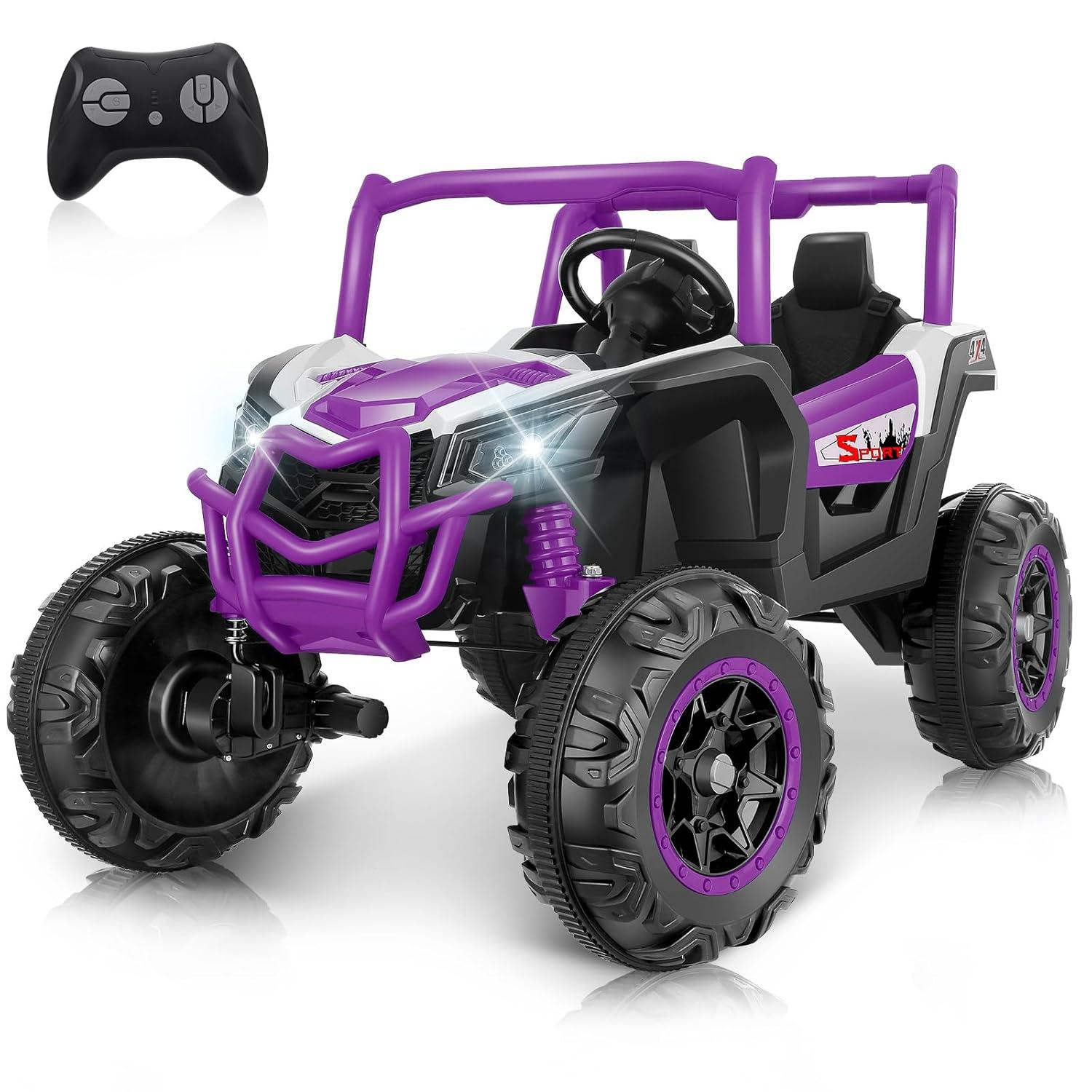 Hikole 24 Volt Ride On Toys for Big Kids, 2 Seater Electric Truck Car Side by Side Electric Vehicle with Music, Bluetooth, 3 Speeds, Soft Braking, Kids UTV for Boys Girls-Purple