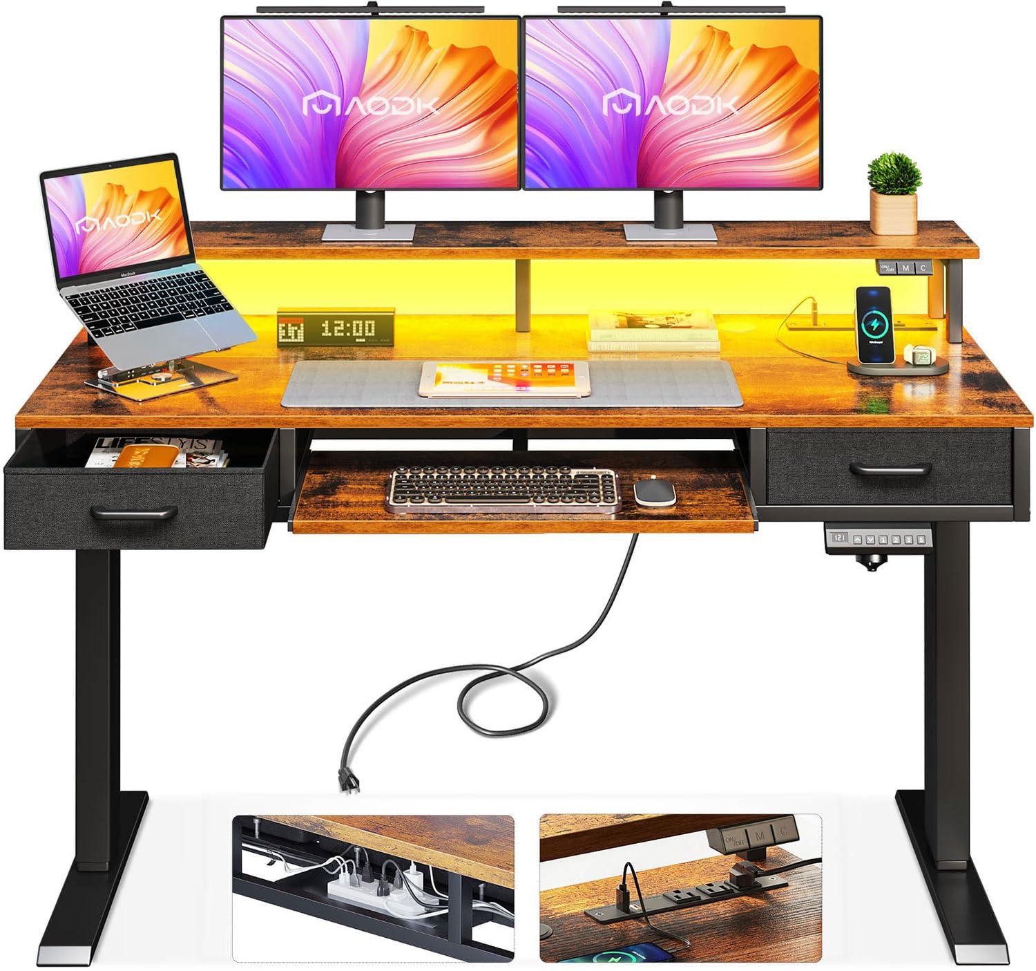 AODK Electric Standing Desk with Drawers & Keyboard Tray, 47 Inch Height Adjustable Small Gaming Desk with Power Outlets & LED Lights, Sit Stand Table with Monitor Stand for Home, Office, Rustic Brown