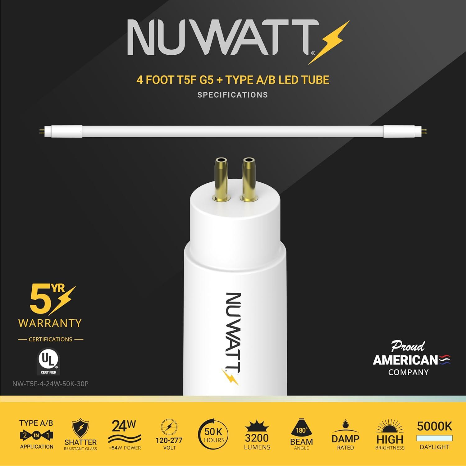 NuWatt 4FT Frosted Shatter Resistant LED Tube Light Bulbs, 30 Pack