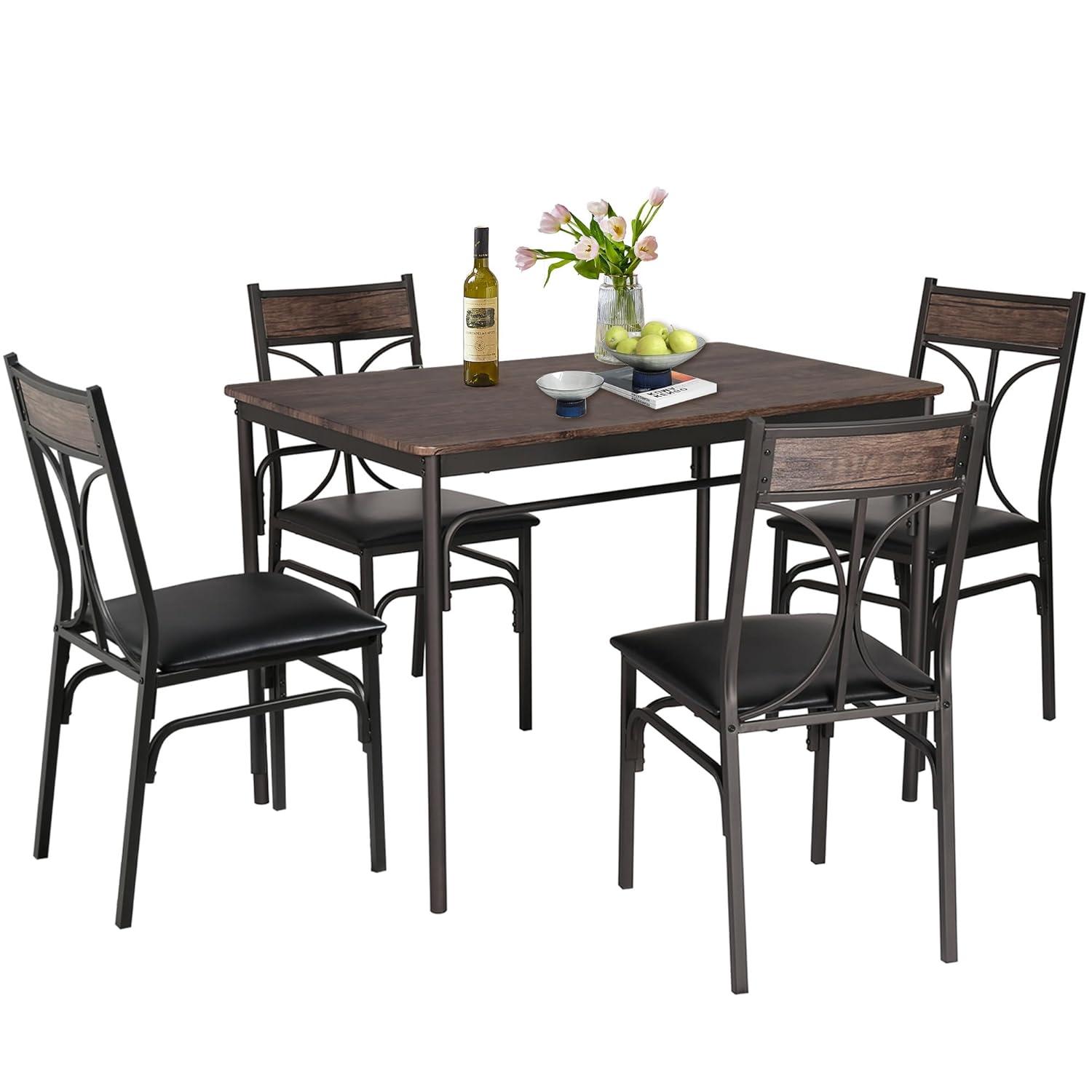 VECELO Kitchen Dining Room Table Set with 4 Chairs for Small Space, Apartment,Metal Steel Frame