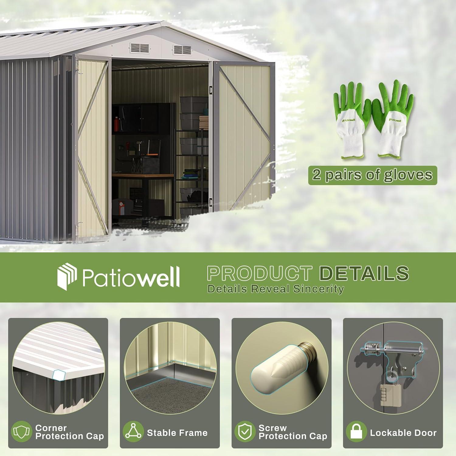 Patiowell  10 x 8 ft. Outdoor Storage Metal Shed with Sloping Roof and Double Lockable Door, Gray