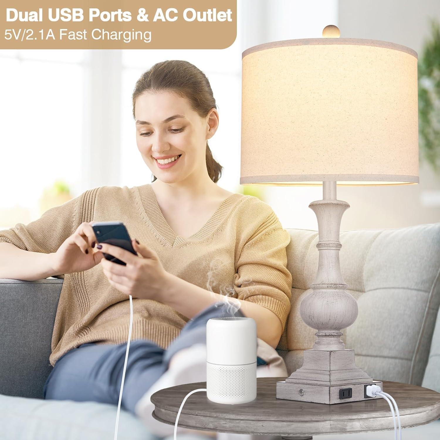 Cinkeda Farmhouse Touch Table Lamps with USB Ports AC Outlet Modern 3 Way Dimmable Resin Bedside Nightstand Lamp Set of 2 for Living Room Bedroom