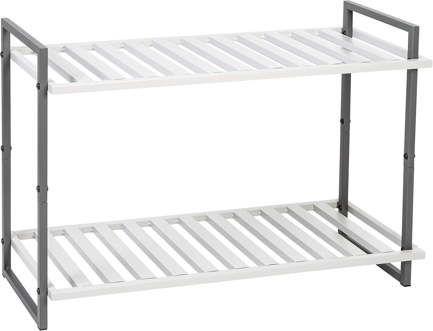 Gray 2-Tier Metal Shoe Rack with Slatted Shelves