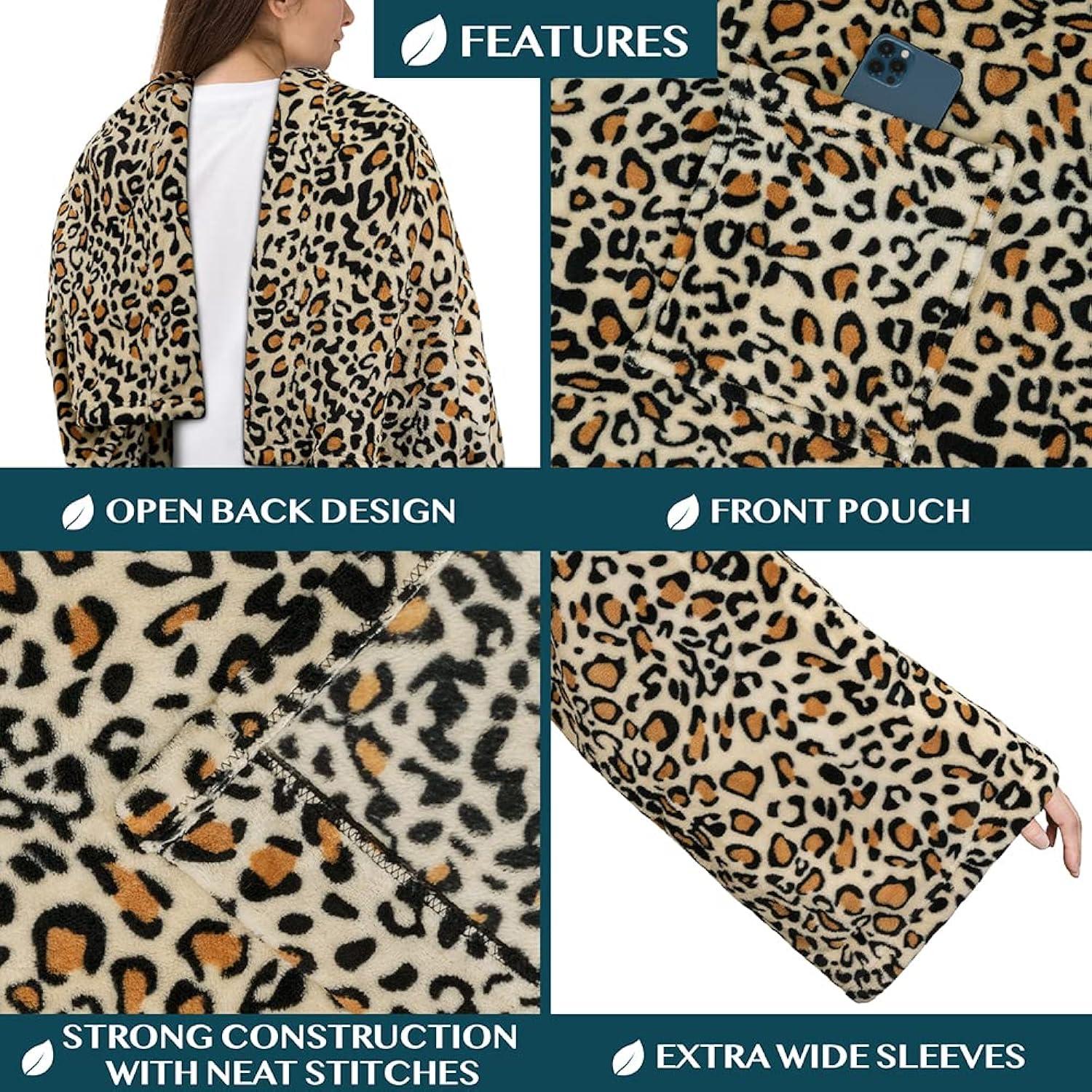 PAVILIA Fleece Wearable Blanket with Sleeves, Warm Cozy Soft Functional Lightweight Sleeved Throw Adults Men Women, Cheetah/Regular Pocket