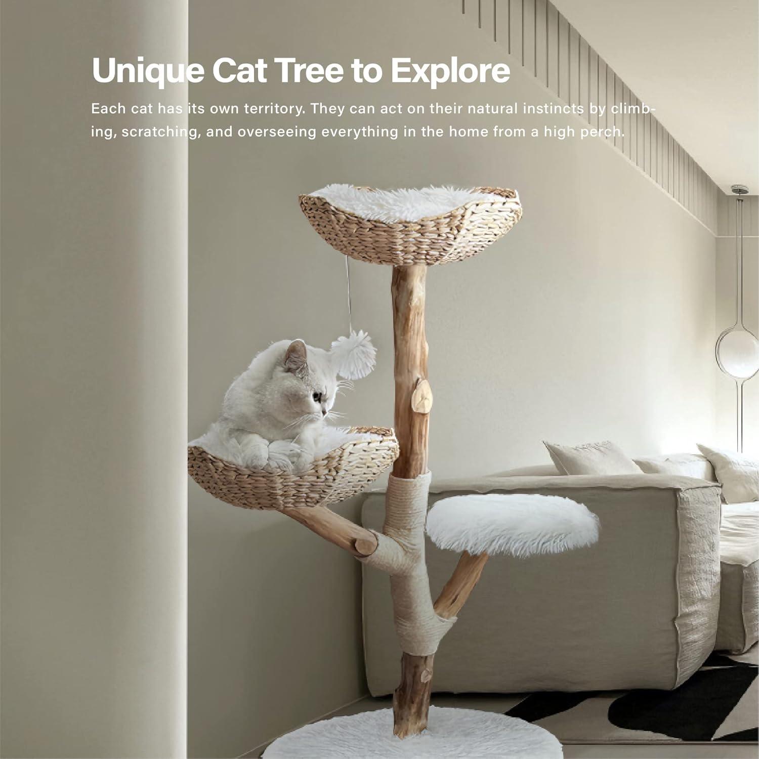 Injollylives Modern Cat Tree Tower, Wooden Cat Tower, Heavy Duty Cat Trees for Large Cats, Unique Handmade Aesthetic Cat Tree with Real Wood Branches, Luxury Boho Cat Furniture, Large