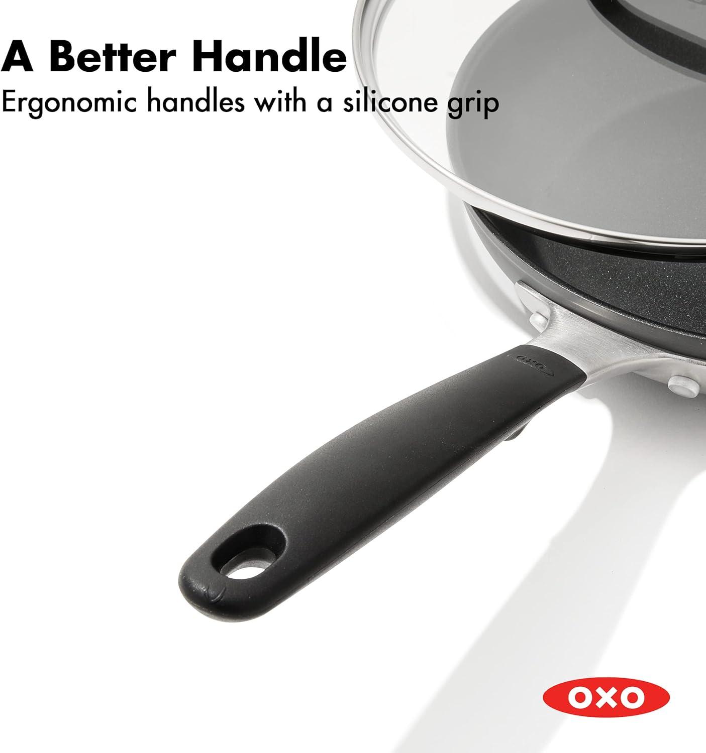 OXO Good Grips 11" Frying Pan Skillet with Lid, 3-Layered German Engineered Nonstick Coating, Stainless Steel Handle with Nonslip Silicone, Black