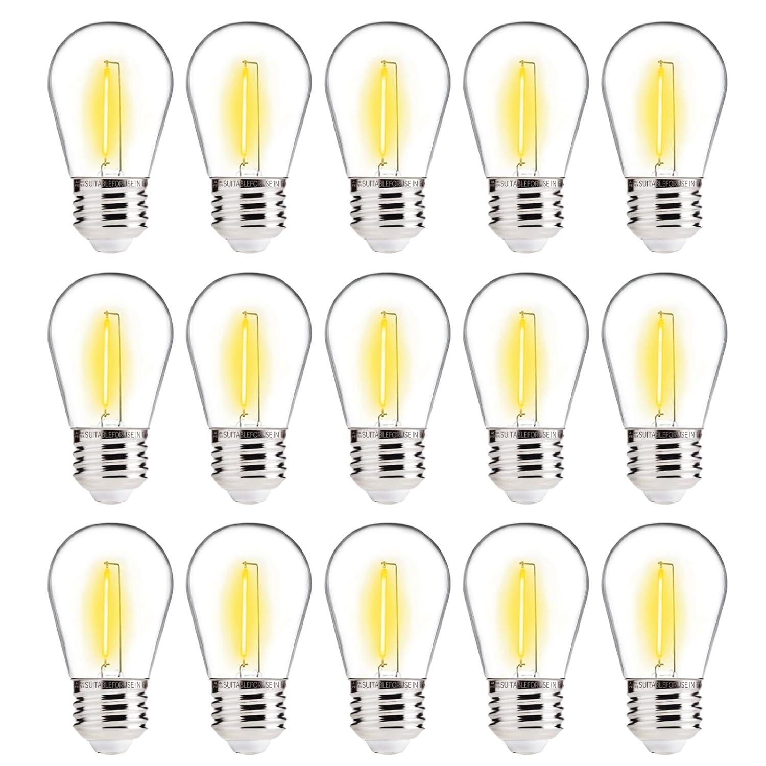 Svater Replacement Bulbs for Outdoor String Lights, 15 Pack S14 LED Bulbs for Patio, E26 Base 1W Bulb Equal to 11W Incandescent, Dimmable,Shatterproof 2700K Warm White