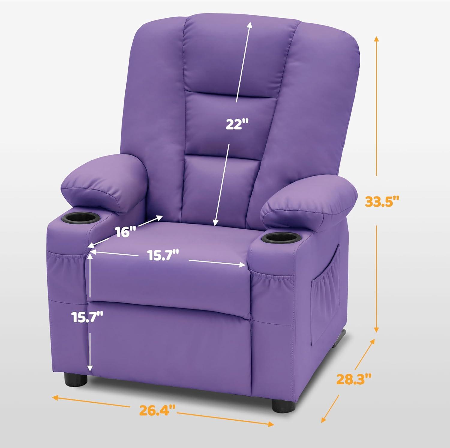 MCombo Big Kids Recliner Chair with Cup Holders for Toddler Boys and Girls, 2 Side Pockets, 3+ Age Group, Faux Leather 7322 Violet