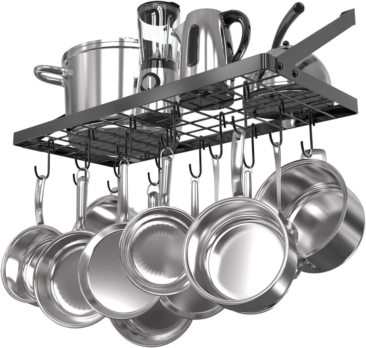 Pot Rack Wall Mounted, Kitchen Square Grid Pots And Pans Organizer And Storage With 15