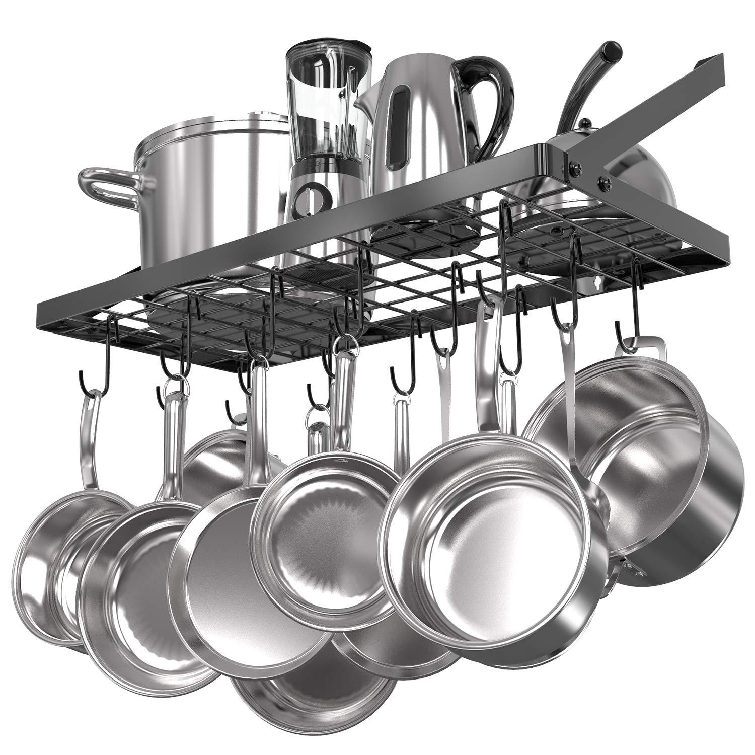 Vdomus Hanging Pots and Pans Organizer - Wall Mounted Pot Rack with 15 Hooks, 29.3 x 13 Inch Heavy-Duty Cookware Organizer for Kitchen Storage - Ideal Pot and Pan Holder with Square Grid Design, Black