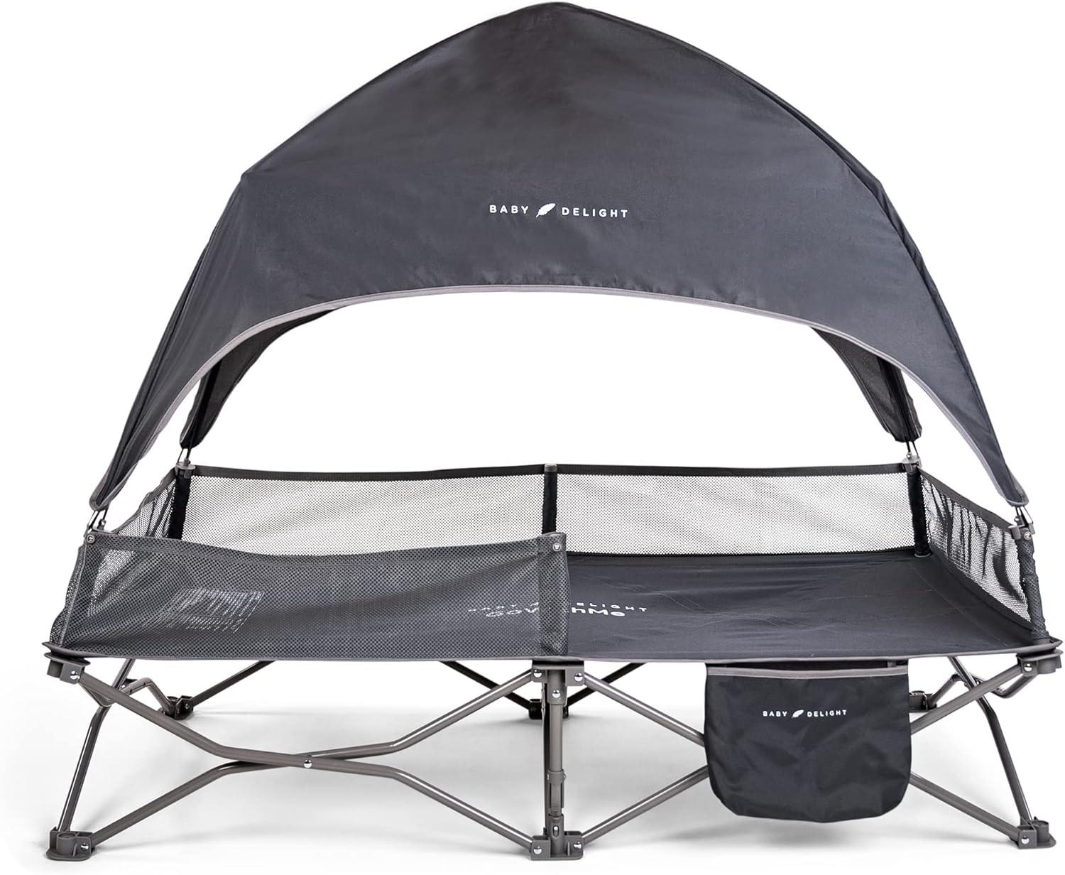 Grey Portable Toddler Travel Cot with Sun Canopy